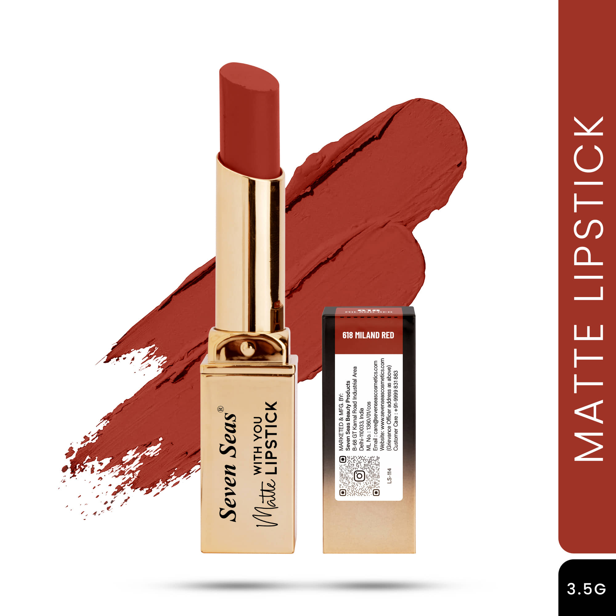 Seven Seas Long Lasting , Matte Finish , Longwear , Matte With You Lipstick (Miland Red 3.5g)