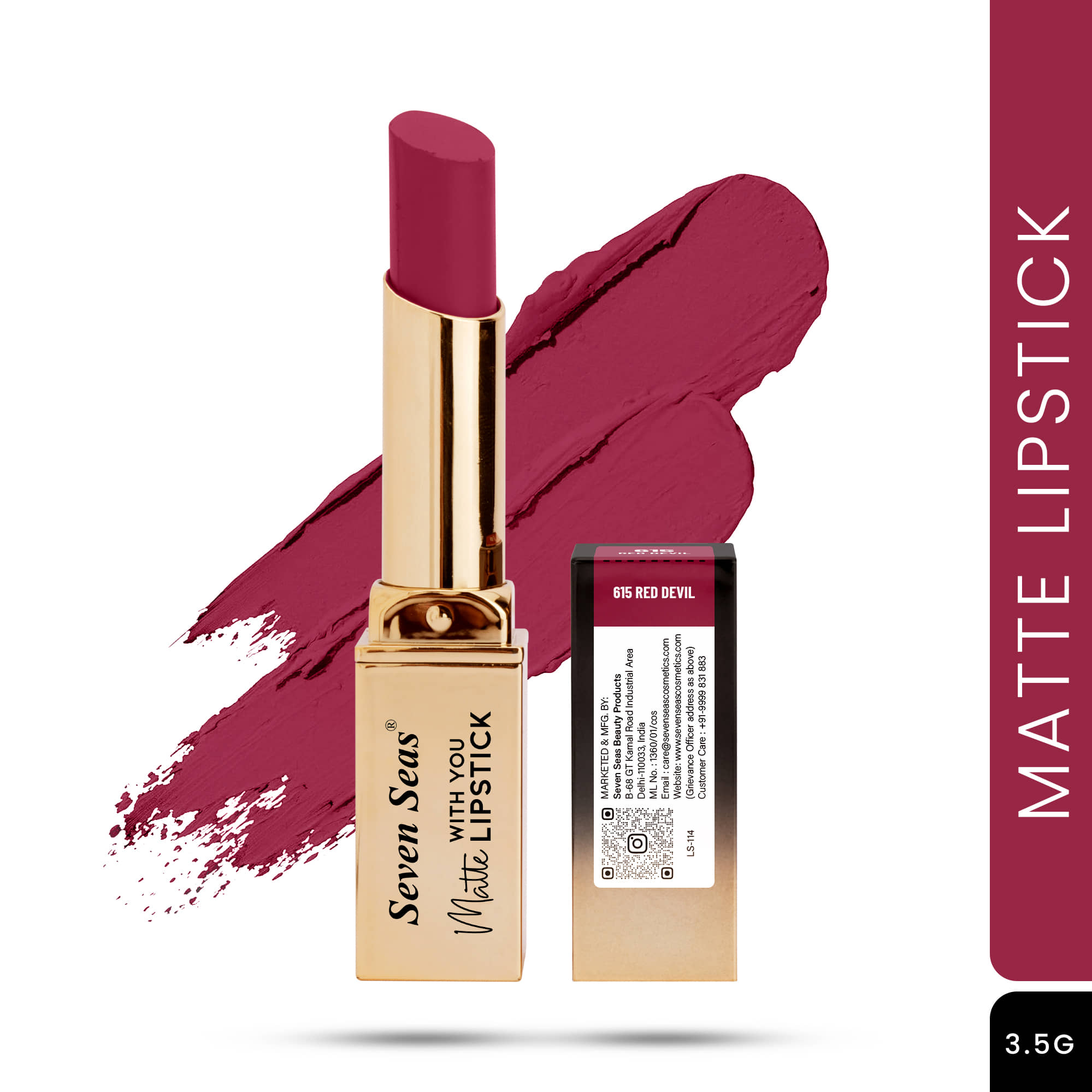 Seven Seas Long Lasting , Matte Finish , Longwear , Matte With You Lipstick (Red Devil 3.5g)