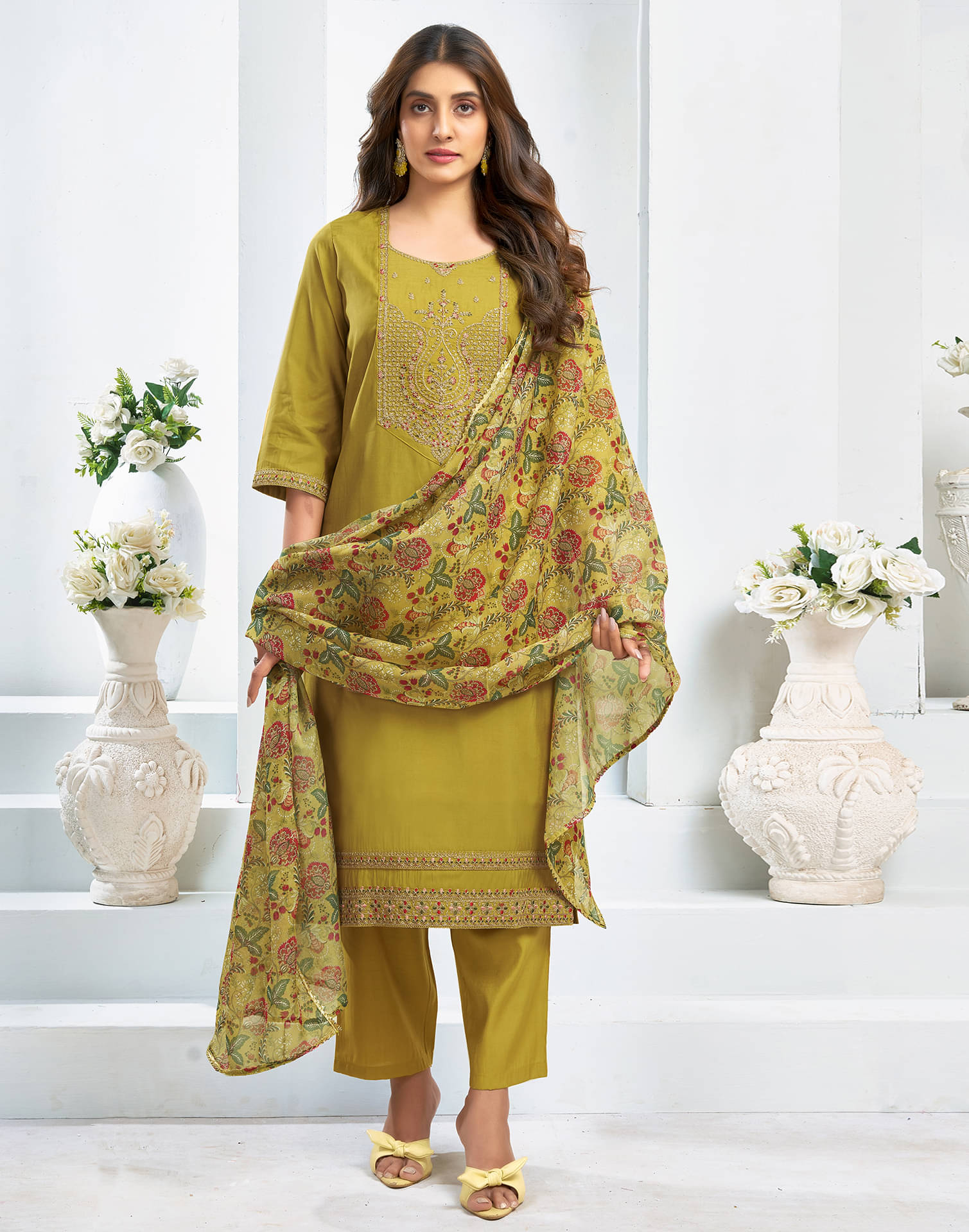    			Skylee Chanderi Embroidered Kurti With Pants Women's Stitched Salwar Suit - Mustard ( Pack of 1 )