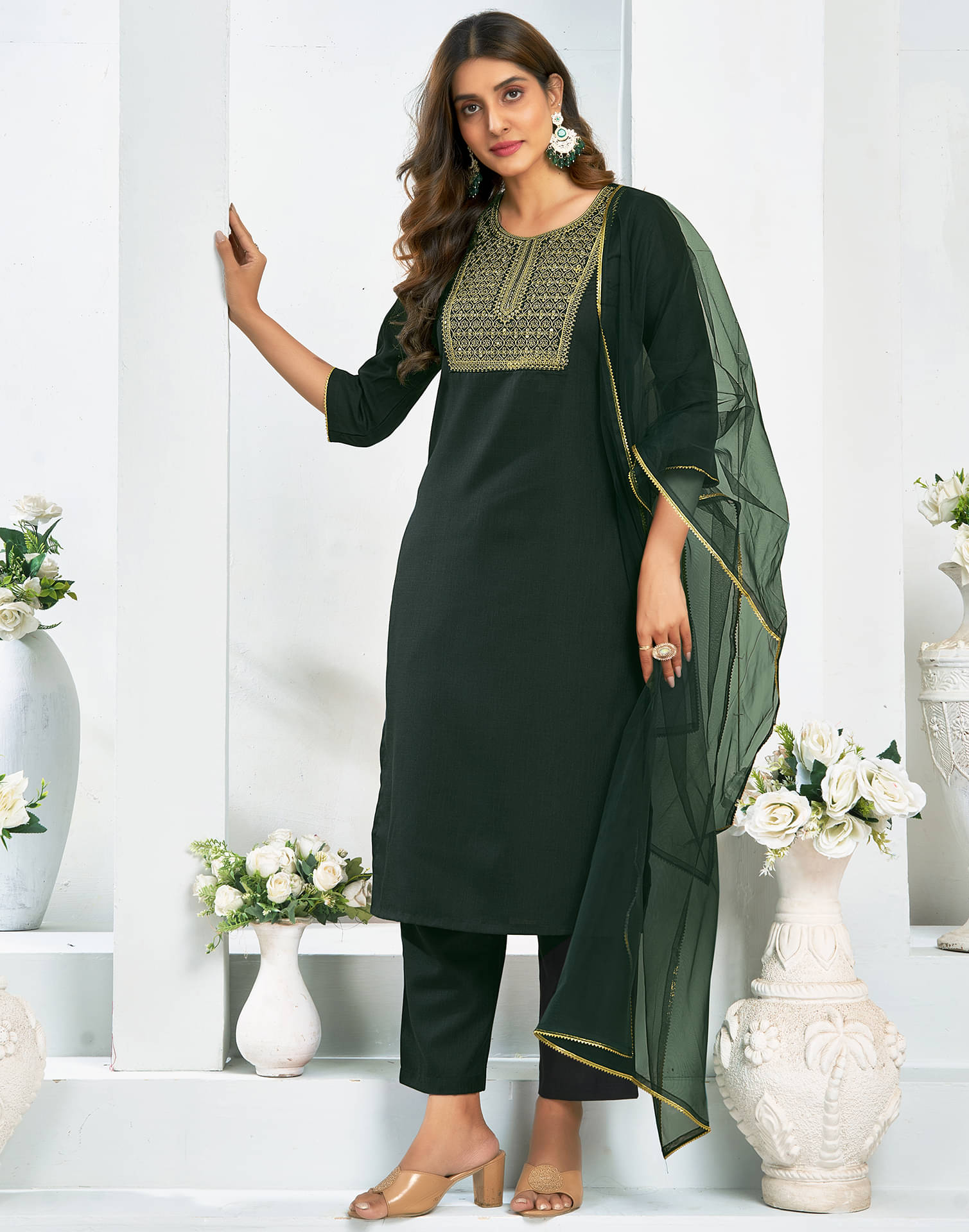     			Skylee Cotton Blend Embellished Kurti With Pants Women's Stitched Salwar Suit - Green ( Pack of 1 )