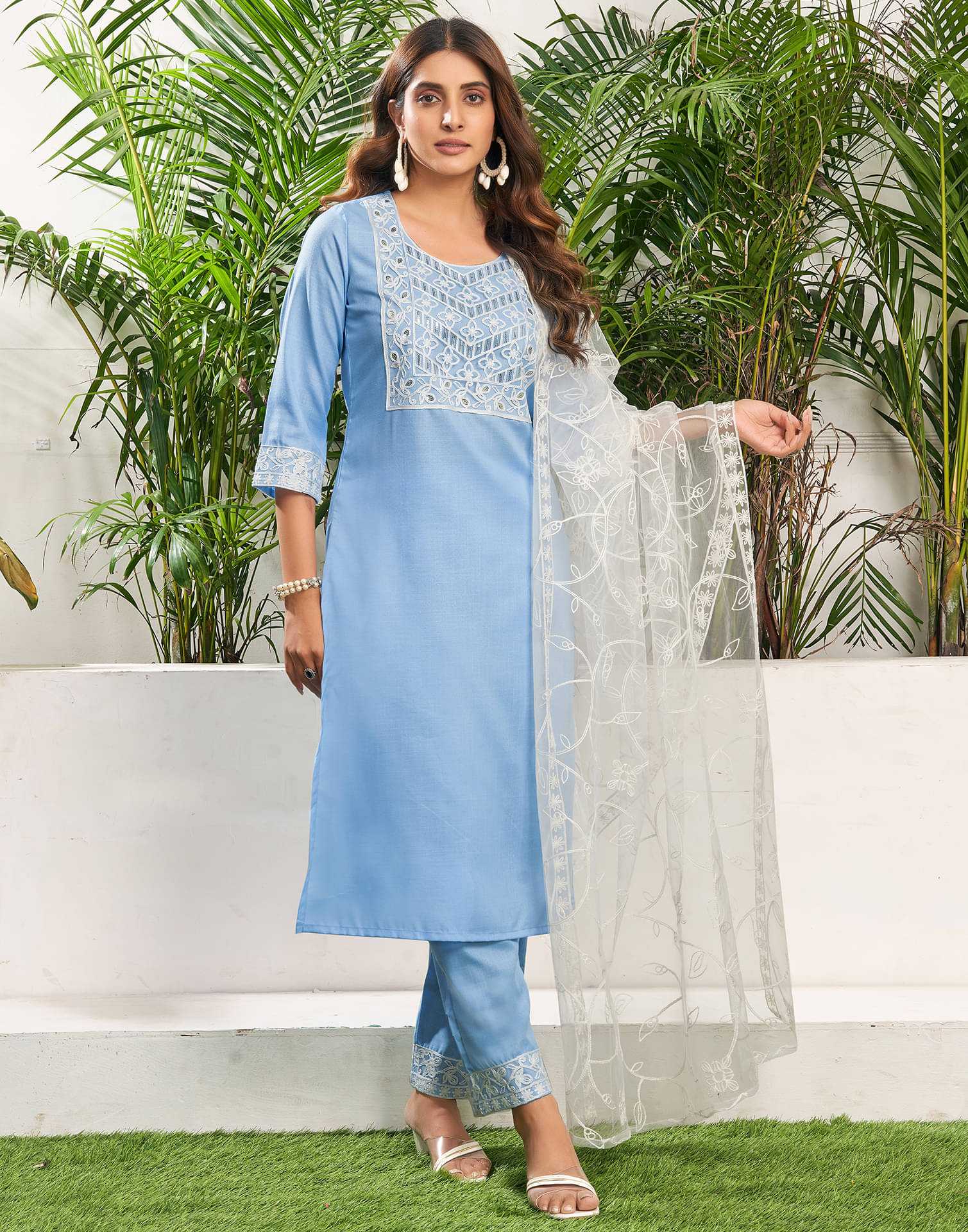     			Skylee Cotton Blend Embroidered Kurti With Pants Women's Stitched Salwar Suit - Light Blue ( Pack of 1 )