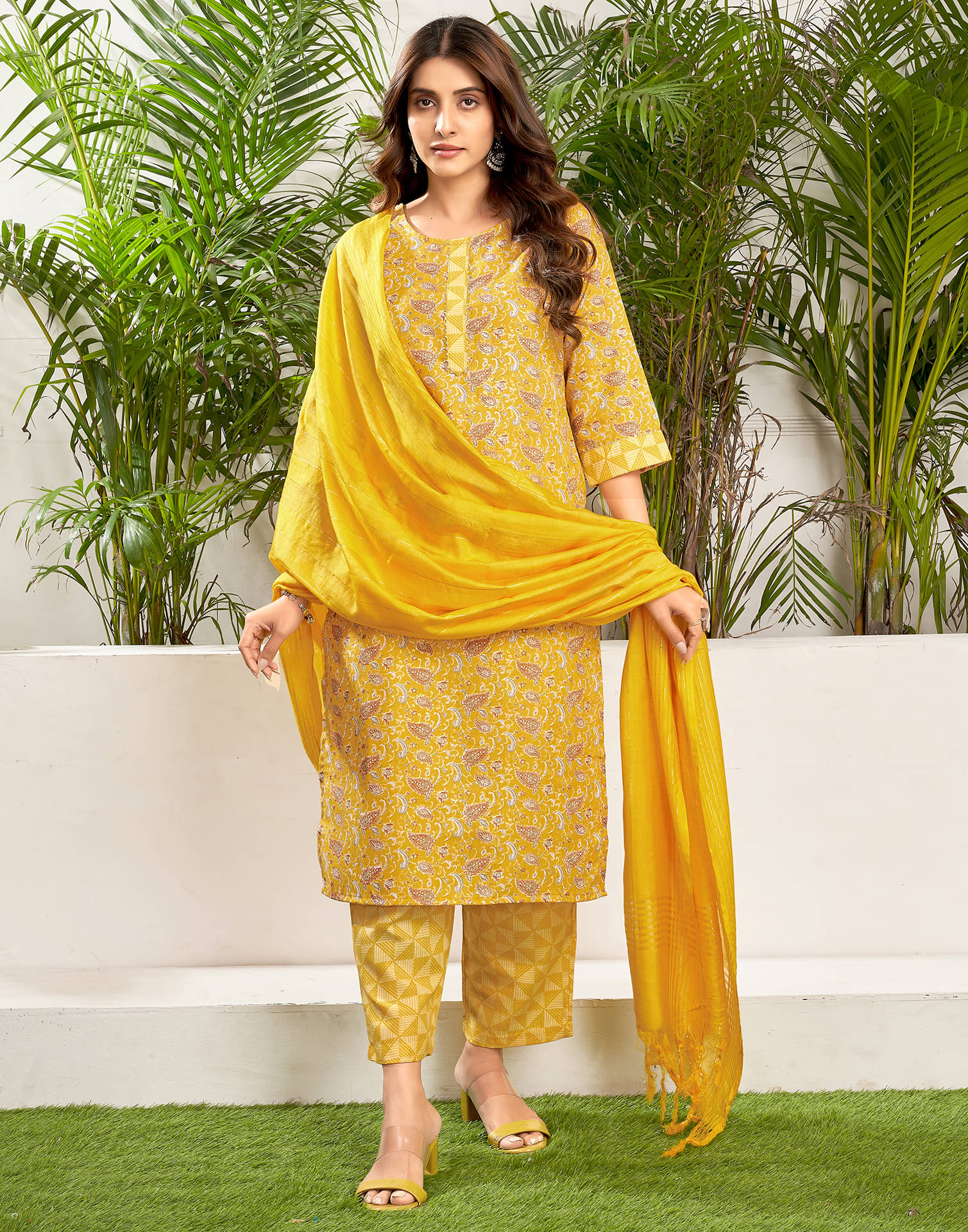 Skylee Cotton Blend Printed Kurti With Pants Women's Stitched Salwar Suit - Yellow ( Pack of 1 ) Skylee Cotton Blend Printed Kurti With Pants Women's Stitched Salwar Suit - Yellow ( Pack of 1 )