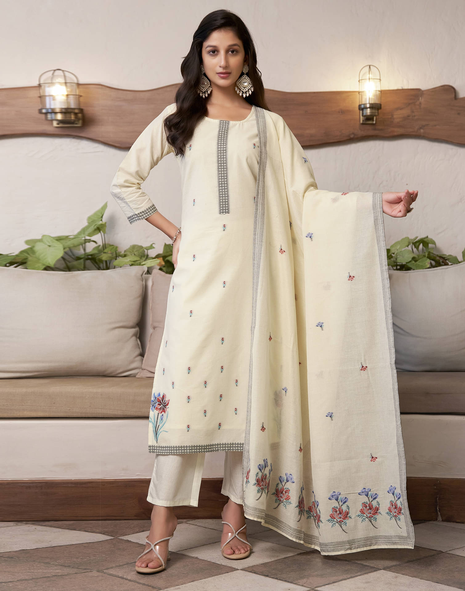 Skylee Cotton Printed Kurti With Pants Women's Stitched Salwar Suit - Cream ( Pack of 1 ) Skylee Cotton Printed Kurti With Pants Women's Stitched Salwar Suit - Cream ( Pack of 1 )