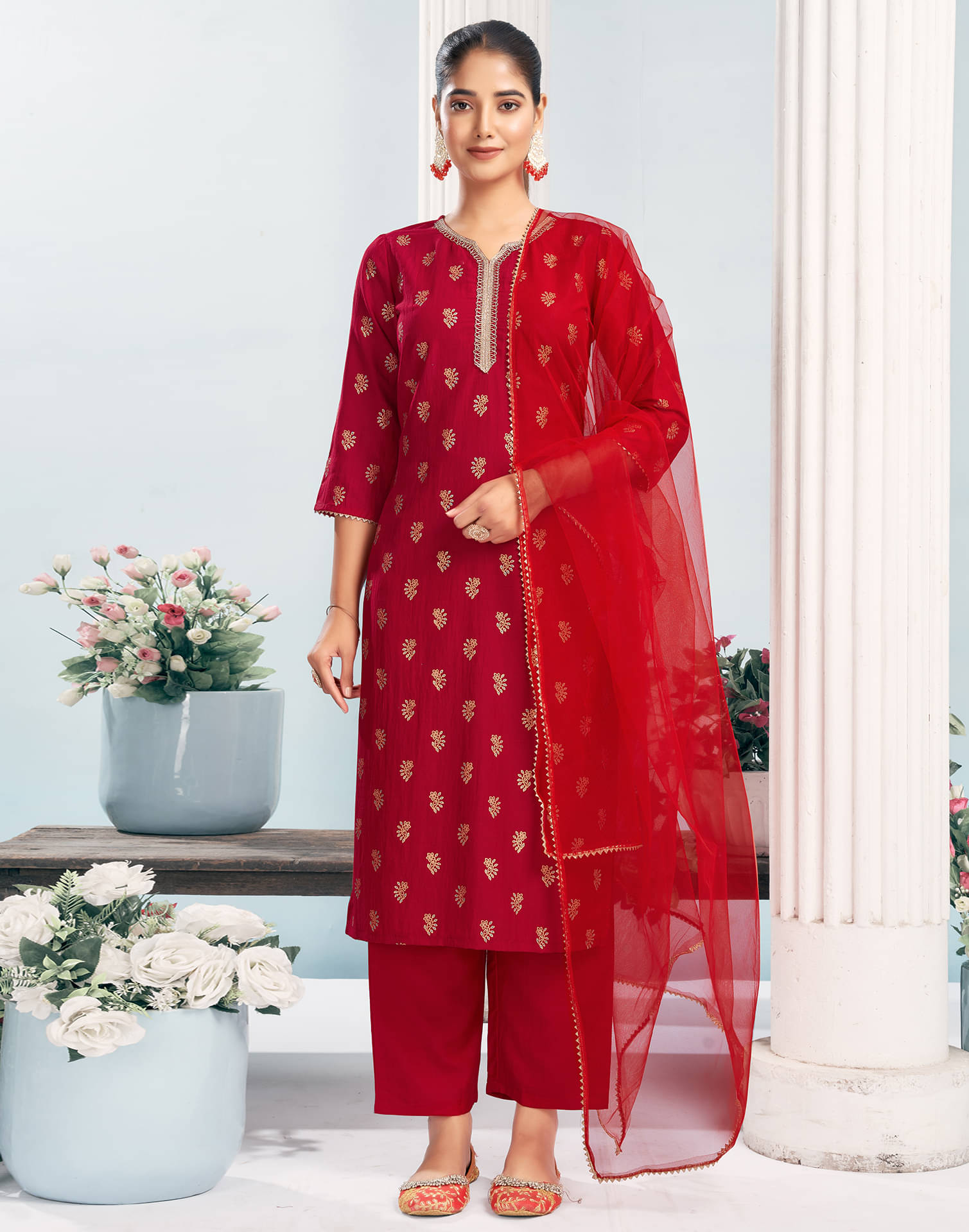 Skylee Cotton Silk Printed Kurti With Pants Women's Stitched Salwar Suit - Red ( Pack of 1 ) Skylee Cotton Silk Printed Kurti With Pants Women's Stitched Salwar Suit - Red ( Pack of 1 )