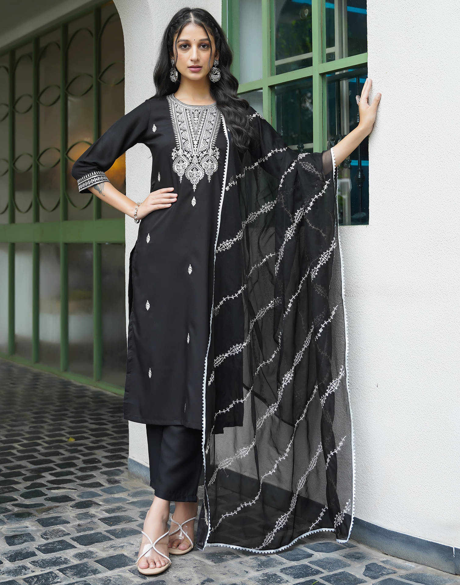     			Skylee Rayon Embellished Kurti With Pants Women's Stitched Salwar Suit - Black ( Pack of 1 )