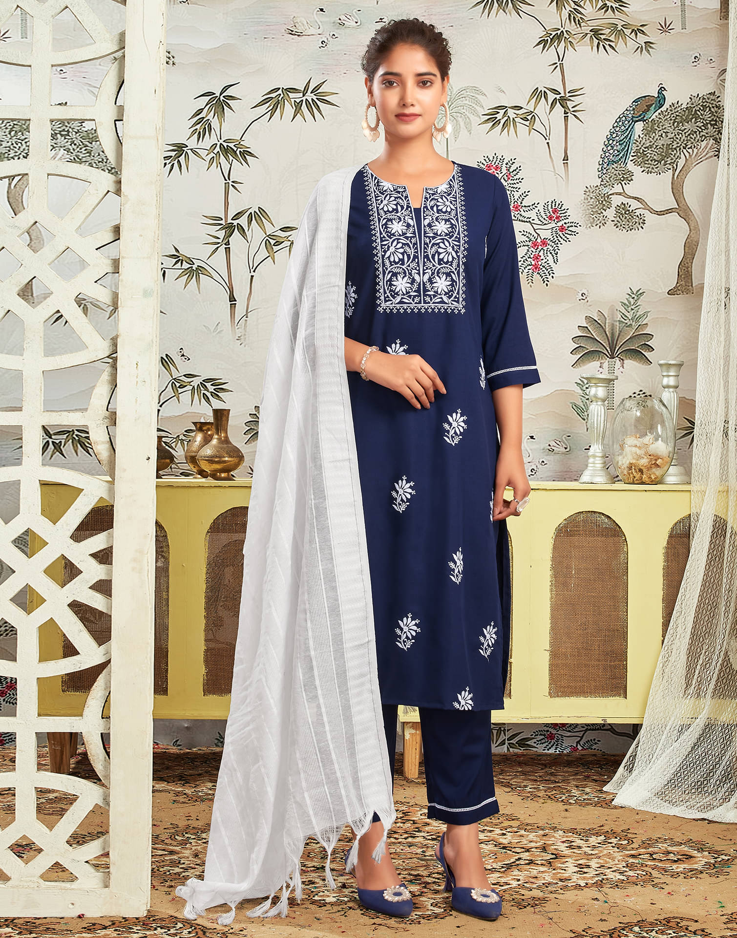     			Skylee Rayon Embroidered Kurti With Pants Women's Stitched Salwar Suit - Navy Blue ( Pack of 1 )