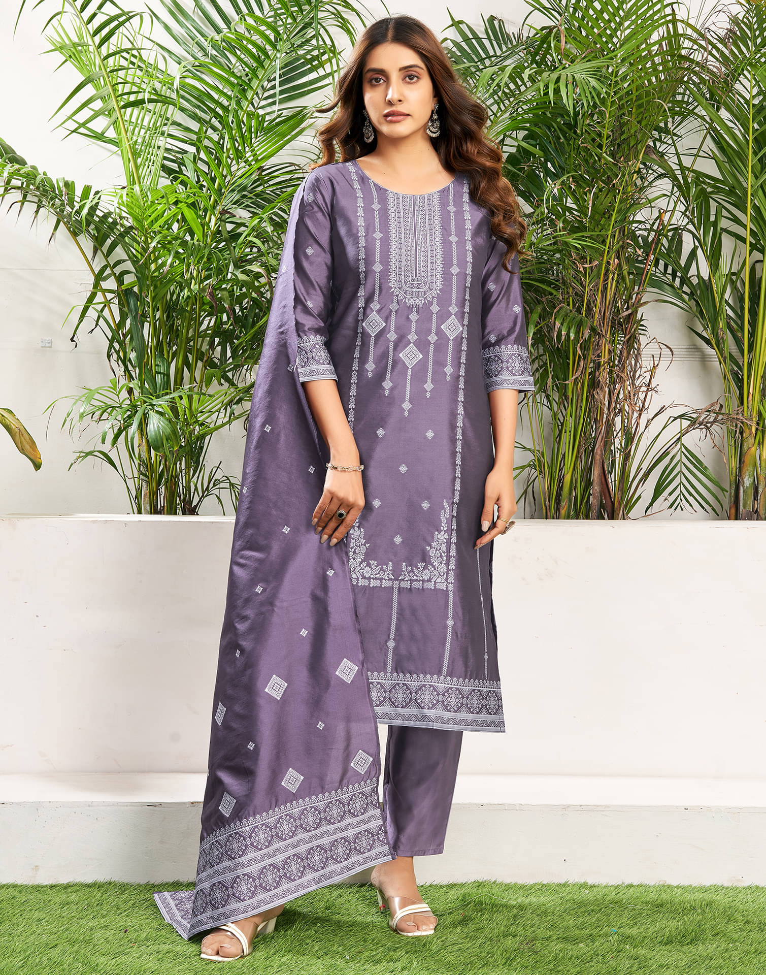 Skylee Silk Blend Embellished Kurti With Pants Women's Stitched Salwar Suit - Purple ( Pack of 1 )     			Skylee Silk Blend Embellished Kurti With Pants Women's Stitched Salwar Suit - Purple ( Pack of 1 )