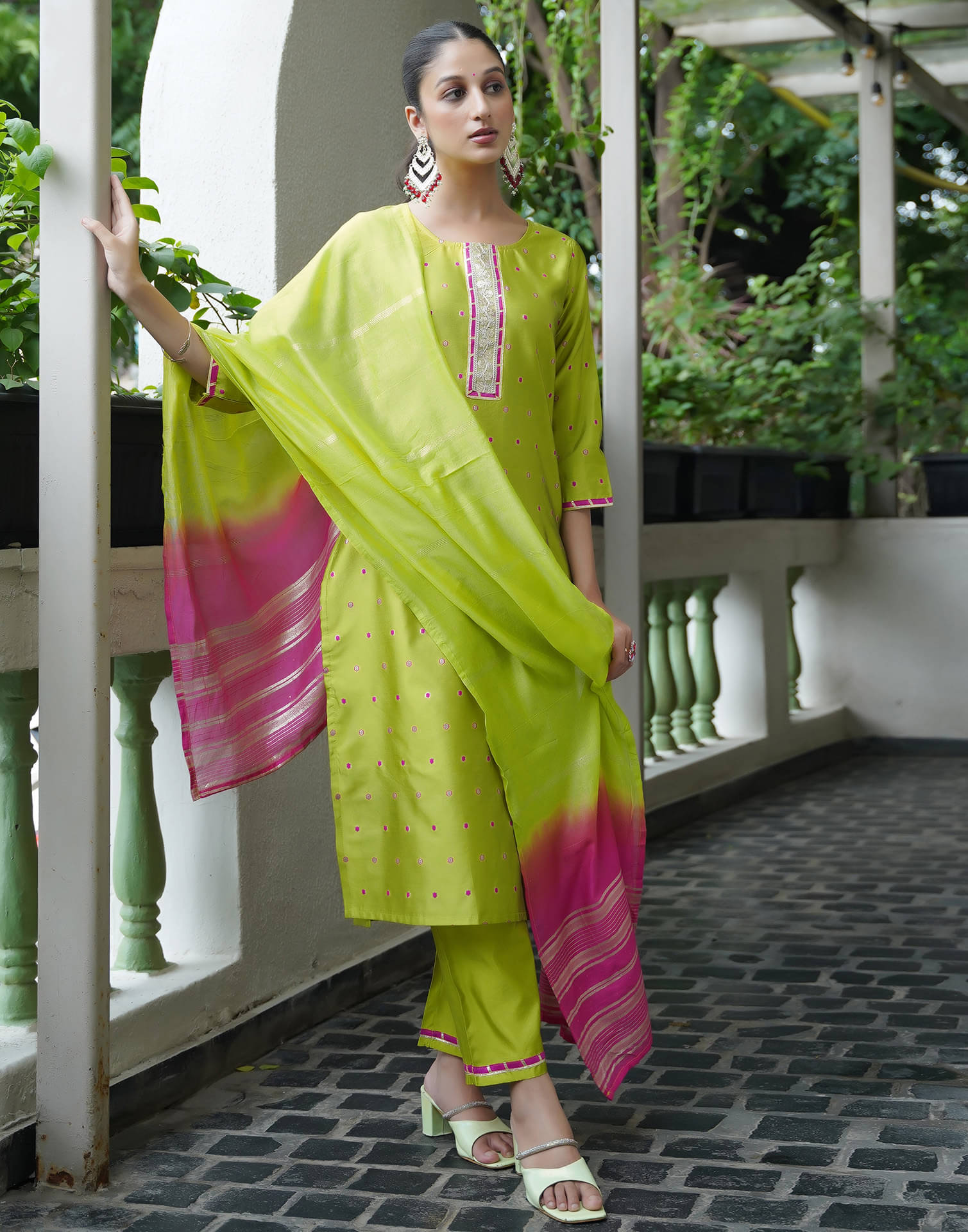    			Skylee Silk Blend Embellished Kurti With Pants Women's Stitched Salwar Suit - Lime Green ( Pack of 1 )