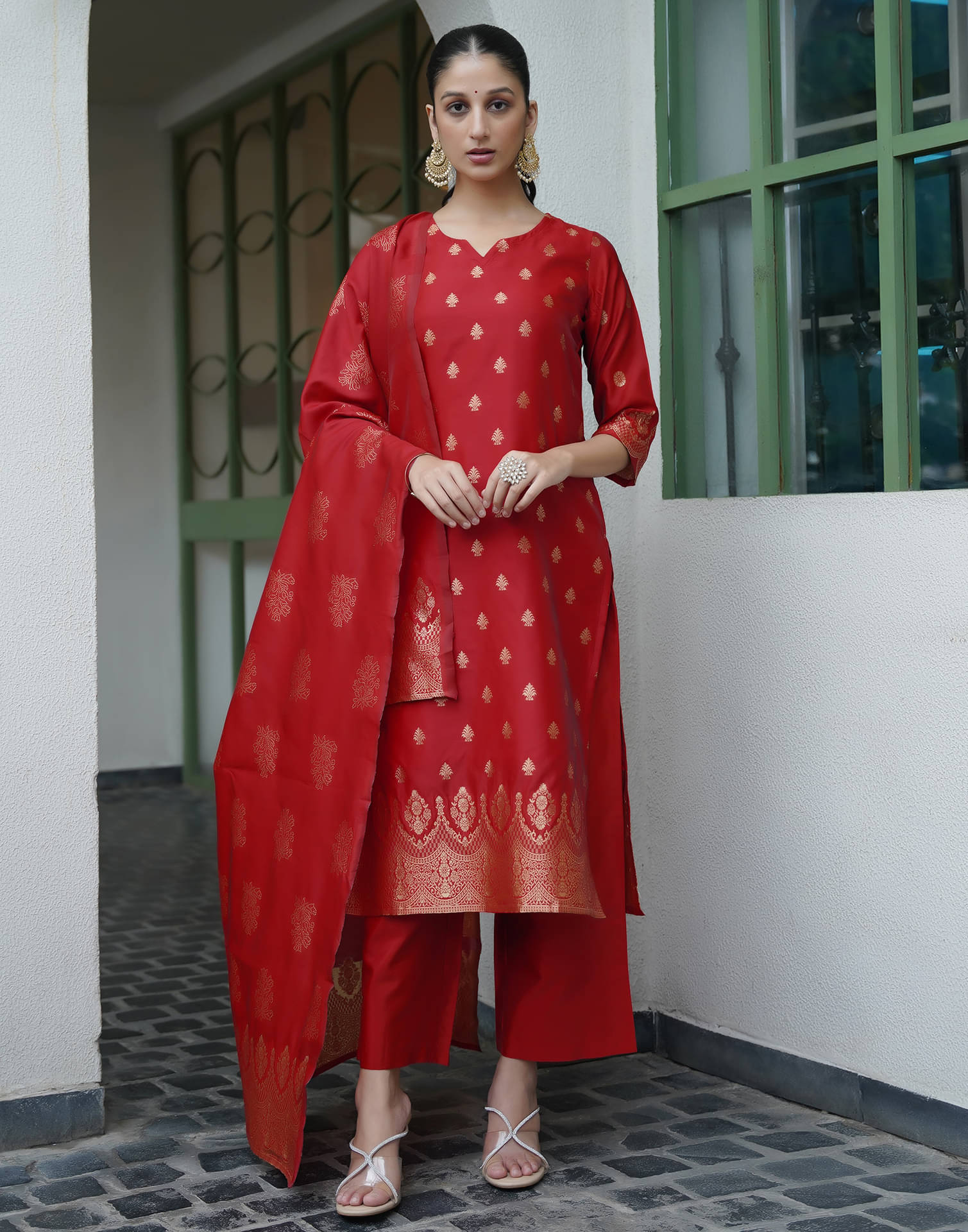Skylee Silk Blend Embellished Kurti With Pants Women's Stitched Salwar Suit - Red ( Pack of 1 ) Skylee Silk Blend Embellished Kurti With Pants Women's Stitched Salwar Suit - Red ( Pack of 1 )