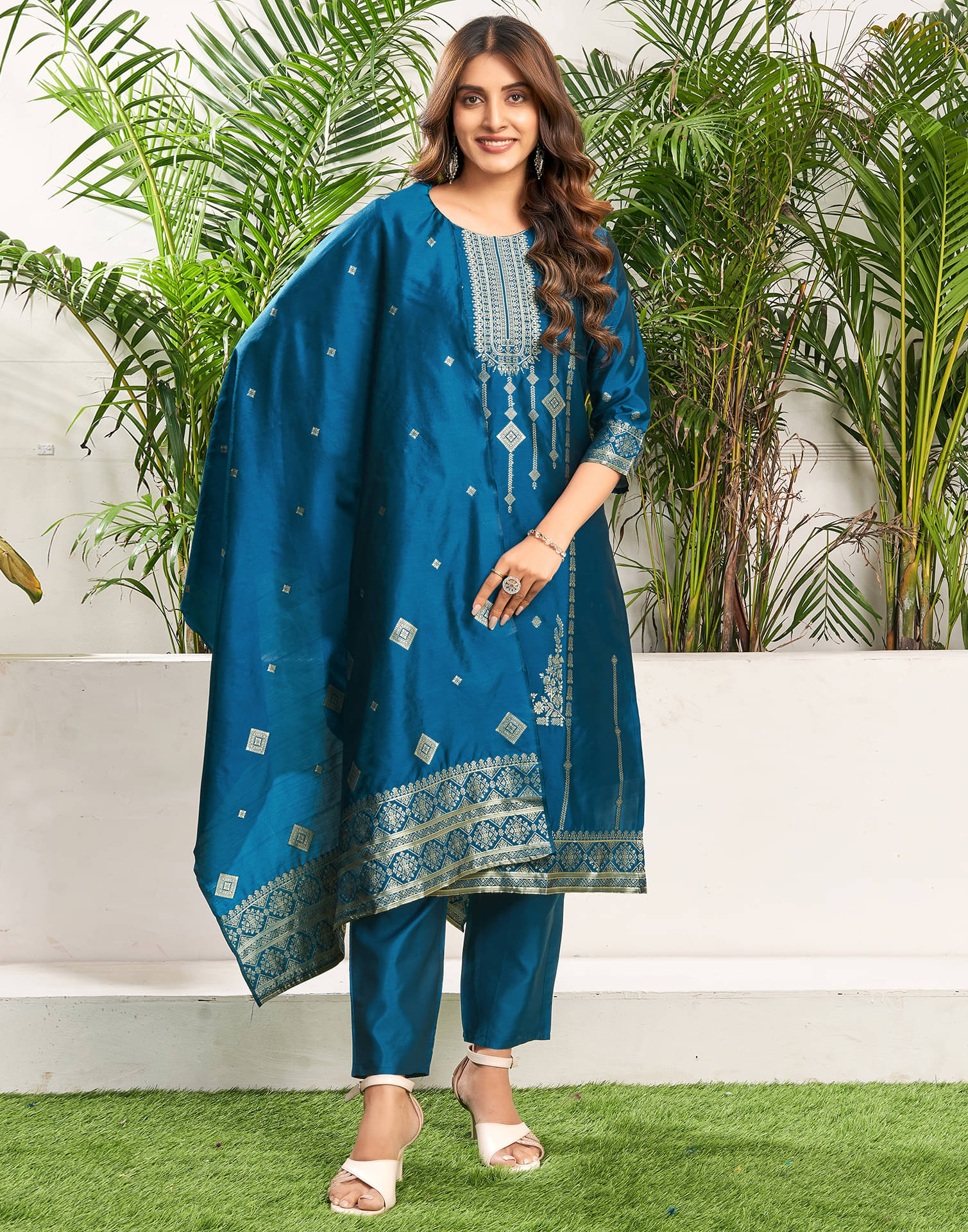 Skylee Silk Blend Embellished Kurti With Pants Women's Stitched Salwar Suit - Teal ( Pack of 1 ) Skylee Silk Blend Embellished Kurti With Pants Women's Stitched Salwar Suit - Teal ( Pack of 1 )