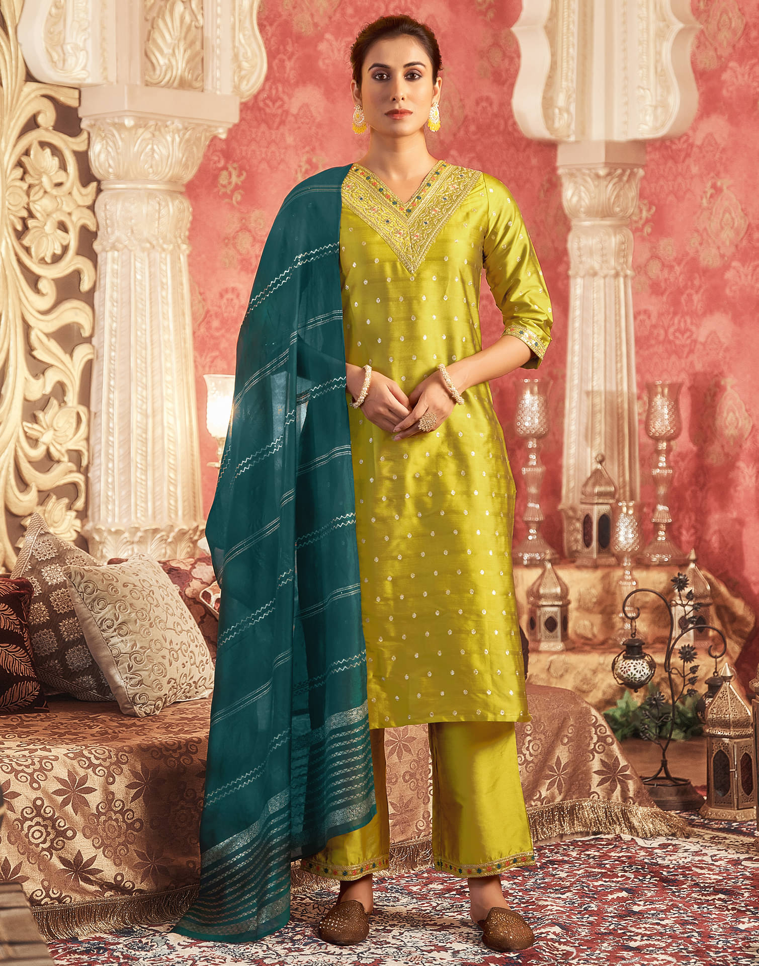 Skylee Silk Blend Embroidered Kurti With Pants Women's Stitched Salwar Suit - Mustard ( Pack of 1 ) Skylee Silk Blend Embroidered Kurti With Pants Women's Stitched Salwar Suit - Mustard ( Pack of 1 )