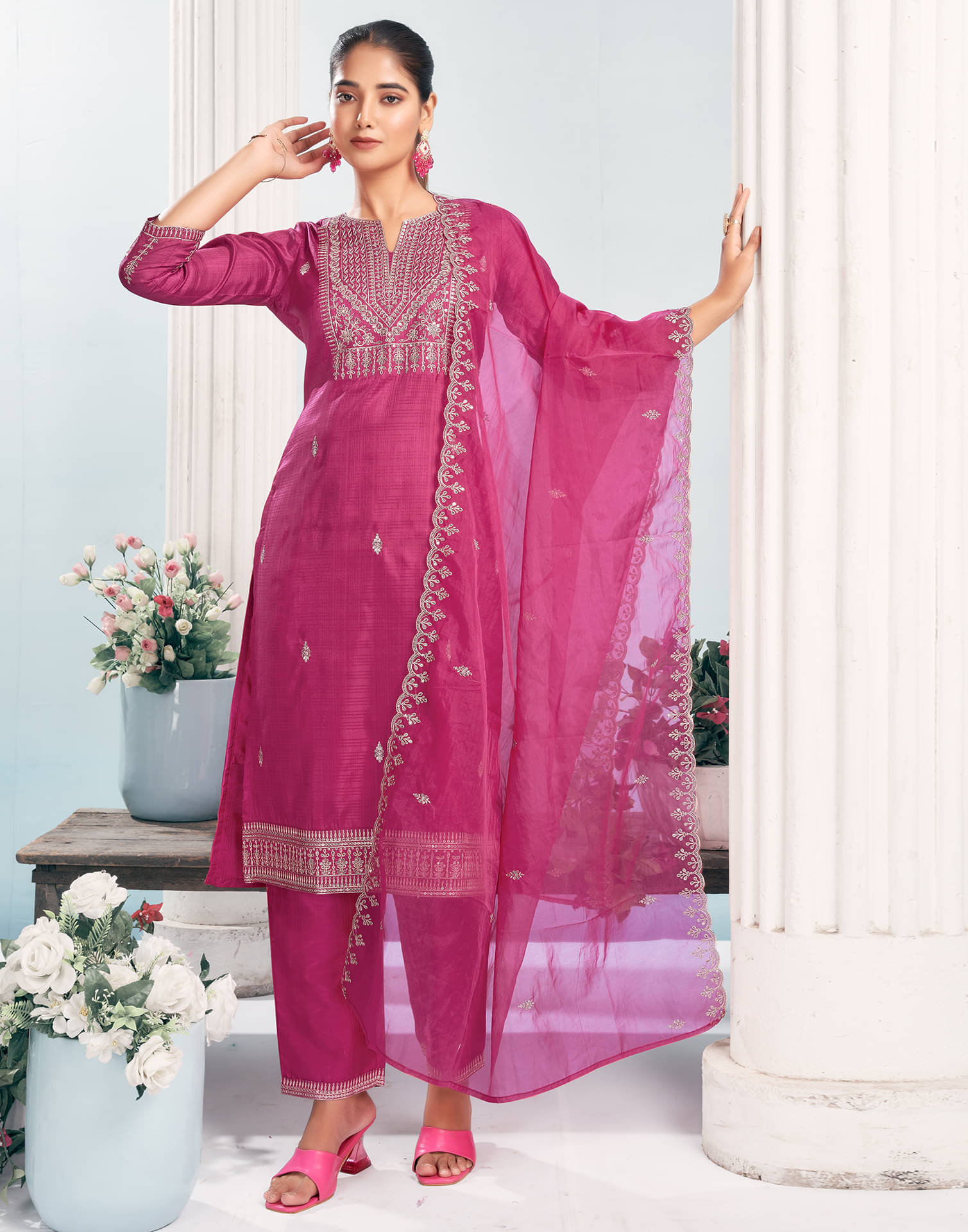 Skylee Silk Blend Embroidered Kurti With Pants Women's Stitched Salwar Suit - Pink ( Pack of 1 ) Skylee Silk Blend Embroidered Kurti With Pants Women's Stitched Salwar Suit - Pink ( Pack of 1 )