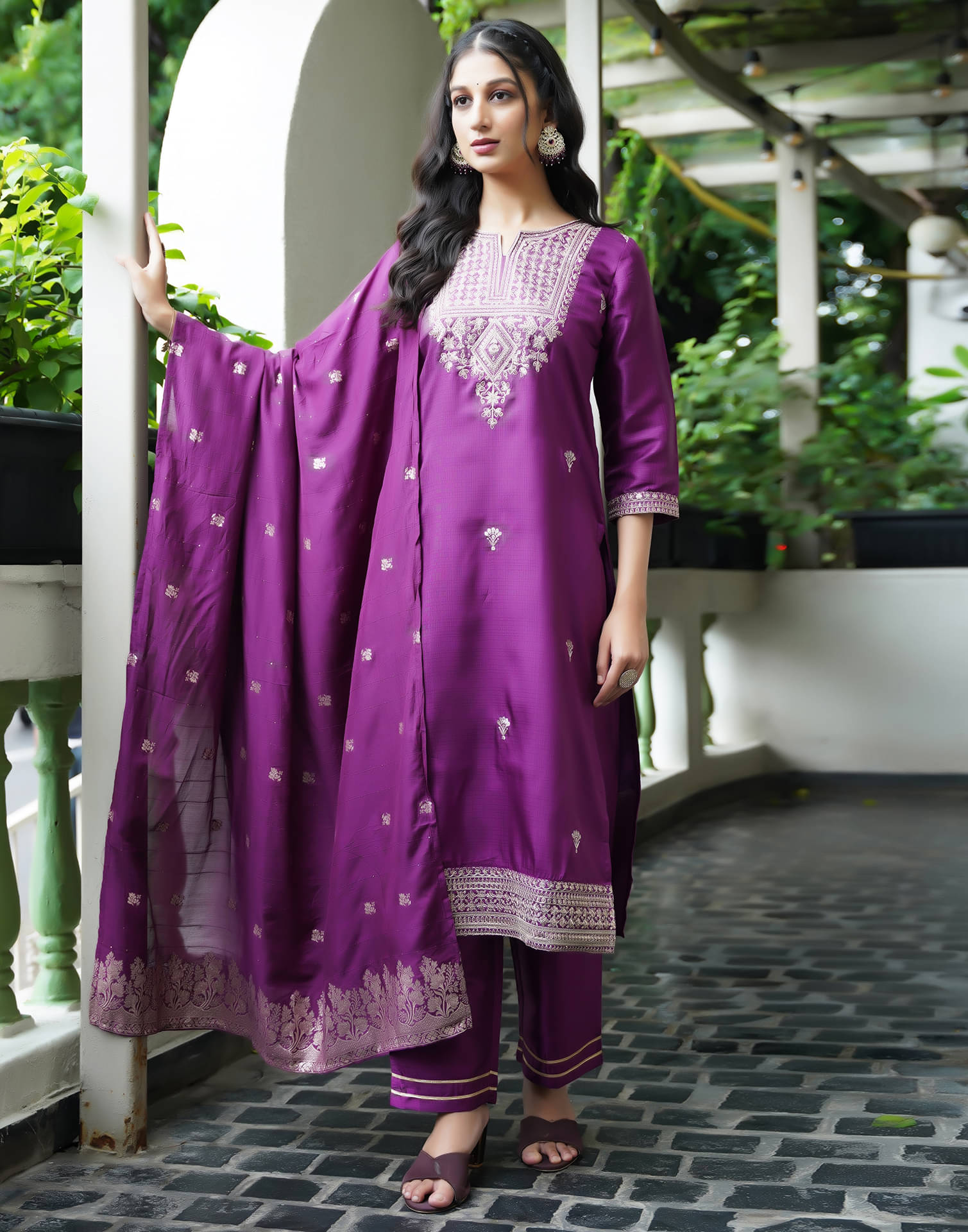 Skylee Silk Blend Embroidered Kurti With Pants Women's Stitched Salwar Suit - Purple ( Pack of 1 ) Skylee Silk Blend Embroidered Kurti With Pants Women's Stitched Salwar Suit - Purple ( Pack of 1 )