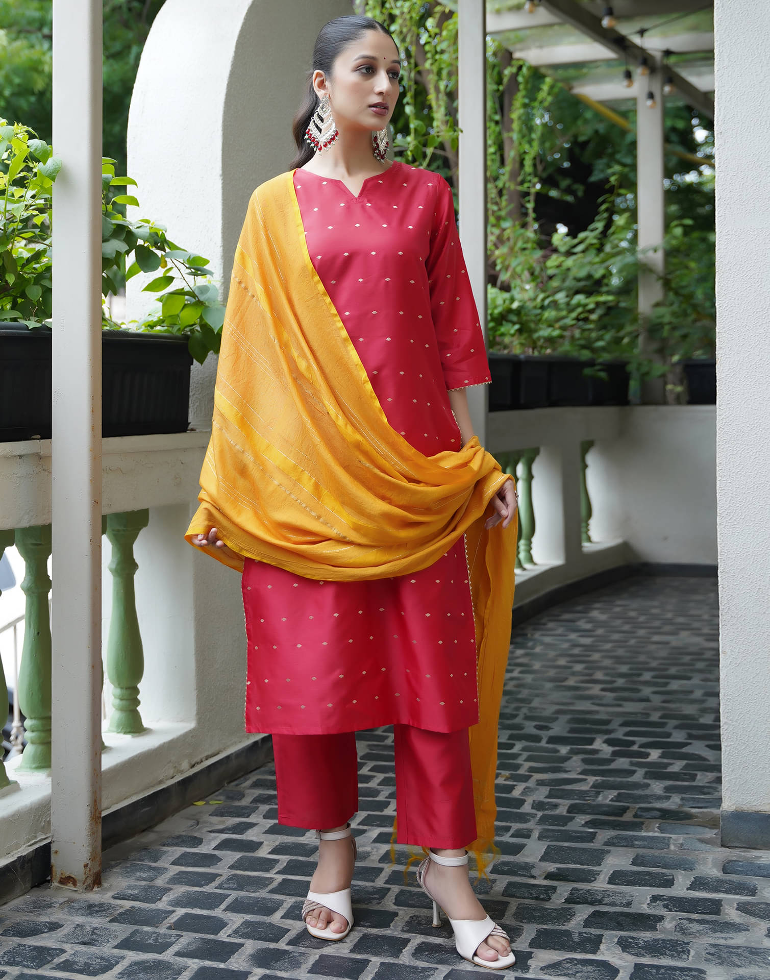     			Skylee Silk Blend Printed Kurti With Pants Women's Stitched Salwar Suit - Red ( Pack of 1 )
