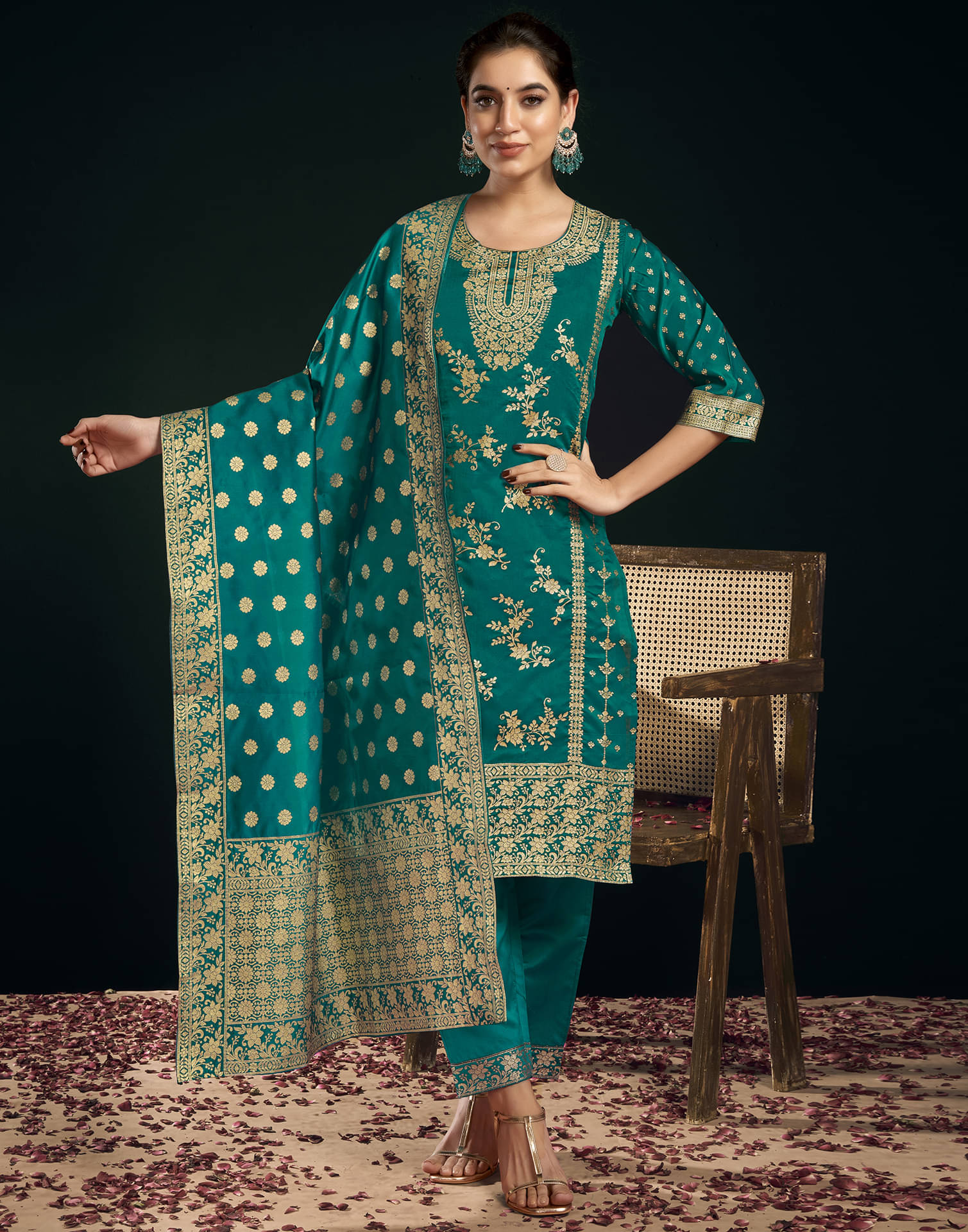     			Skylee Silk Blend Printed Kurti With Pants Women's Stitched Salwar Suit - Teal ( Pack of 1 )