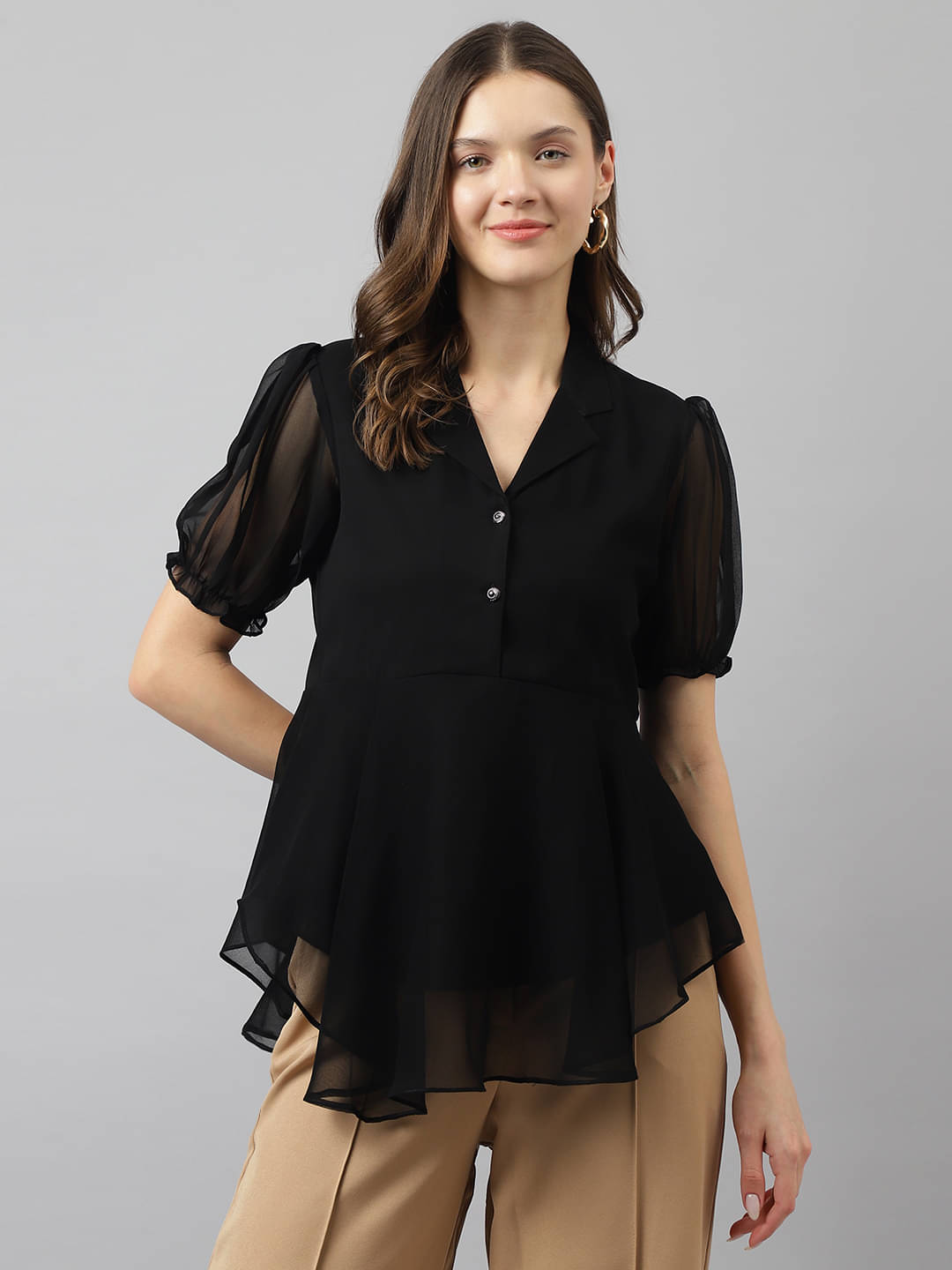     			TOOCHKI Women's Georgette Asymmetrical Top ( Black )