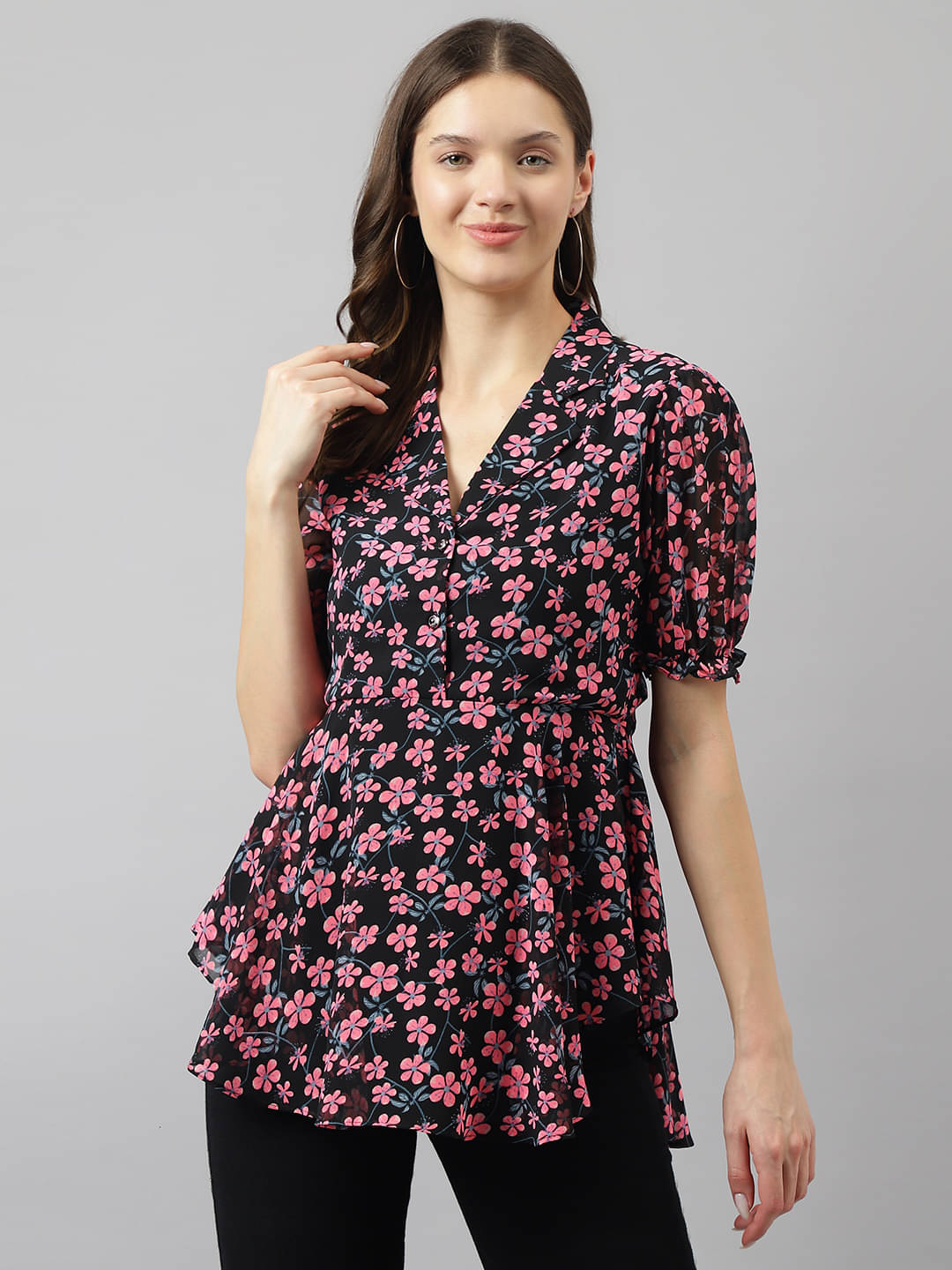     			TOOCHKI Women's Georgette Asymmetrical Top ( Black )