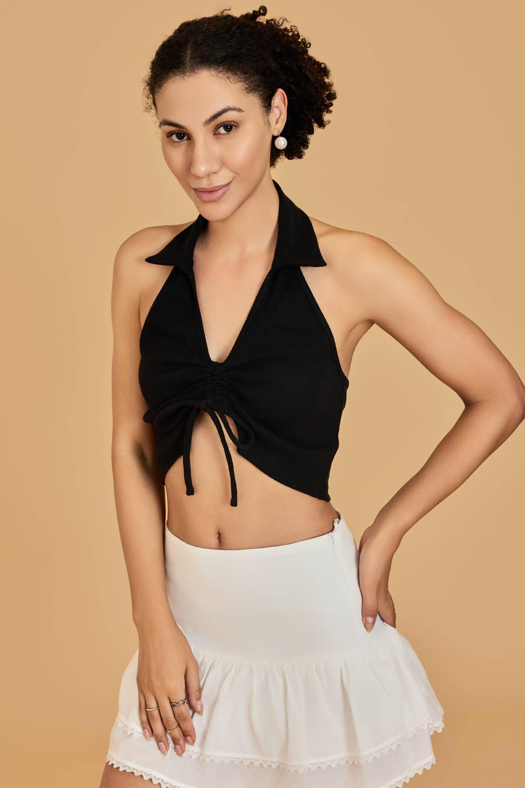     			Urban Sundari Women's Cotton Drawstring Top ( Black )