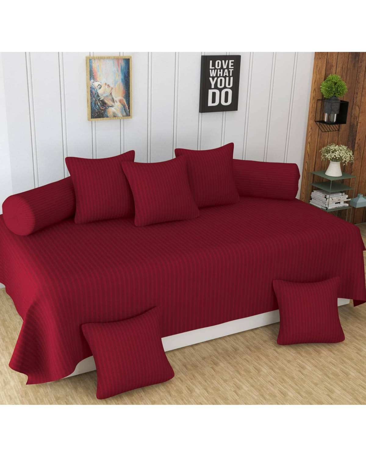     			UrbanArts Poly Cotton Vertical Striped Diwan Set 8 Pcs - Maroon