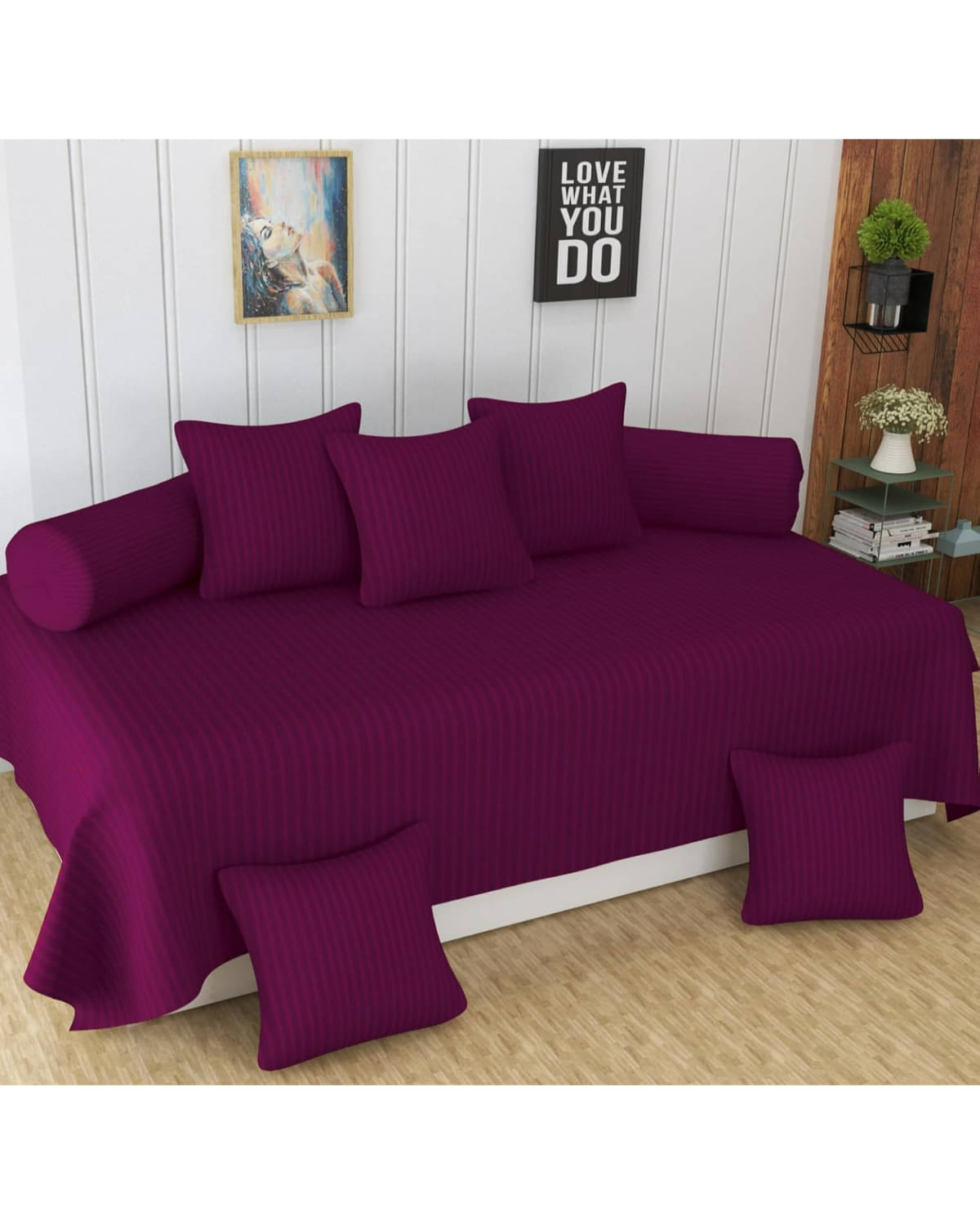     			UrbanArts Poly Cotton Vertical Striped Diwan Set 8 Pcs - Magenta