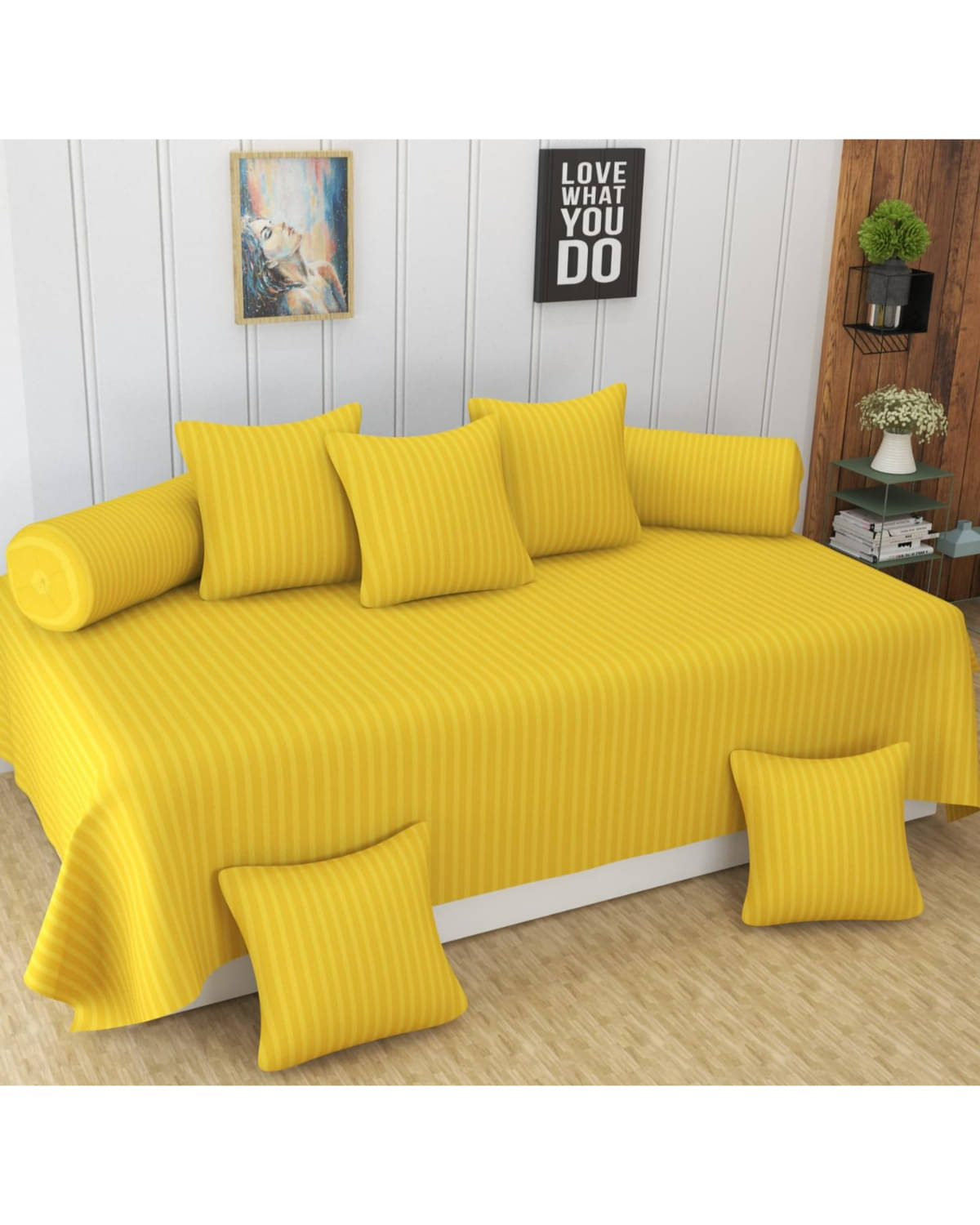 UrbanArts Poly Cotton Vertical Striped Diwan Set 8 Pcs - Yellow UrbanArts Poly Cotton Vertical Striped Diwan Set 8 Pcs - Yellow