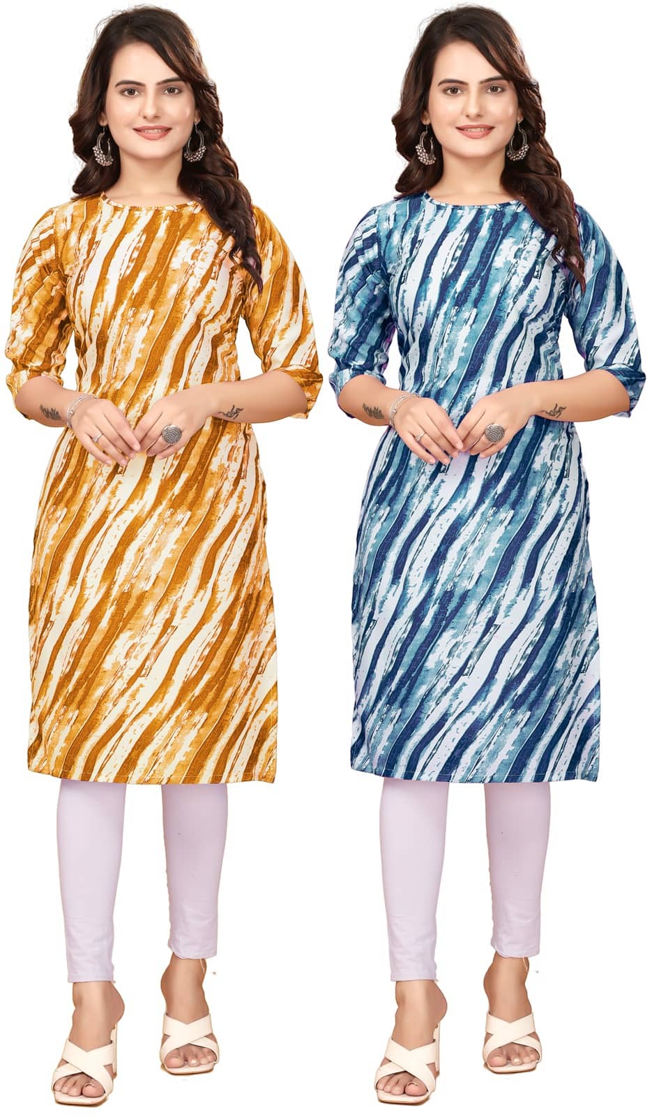 VACHHARAJ GROUP Crepe Printed Straight Women's Kurti - Yellow,Blue ( Pack of 2 ) - Kurtis, Tunics | Buy online on ZillyBuy