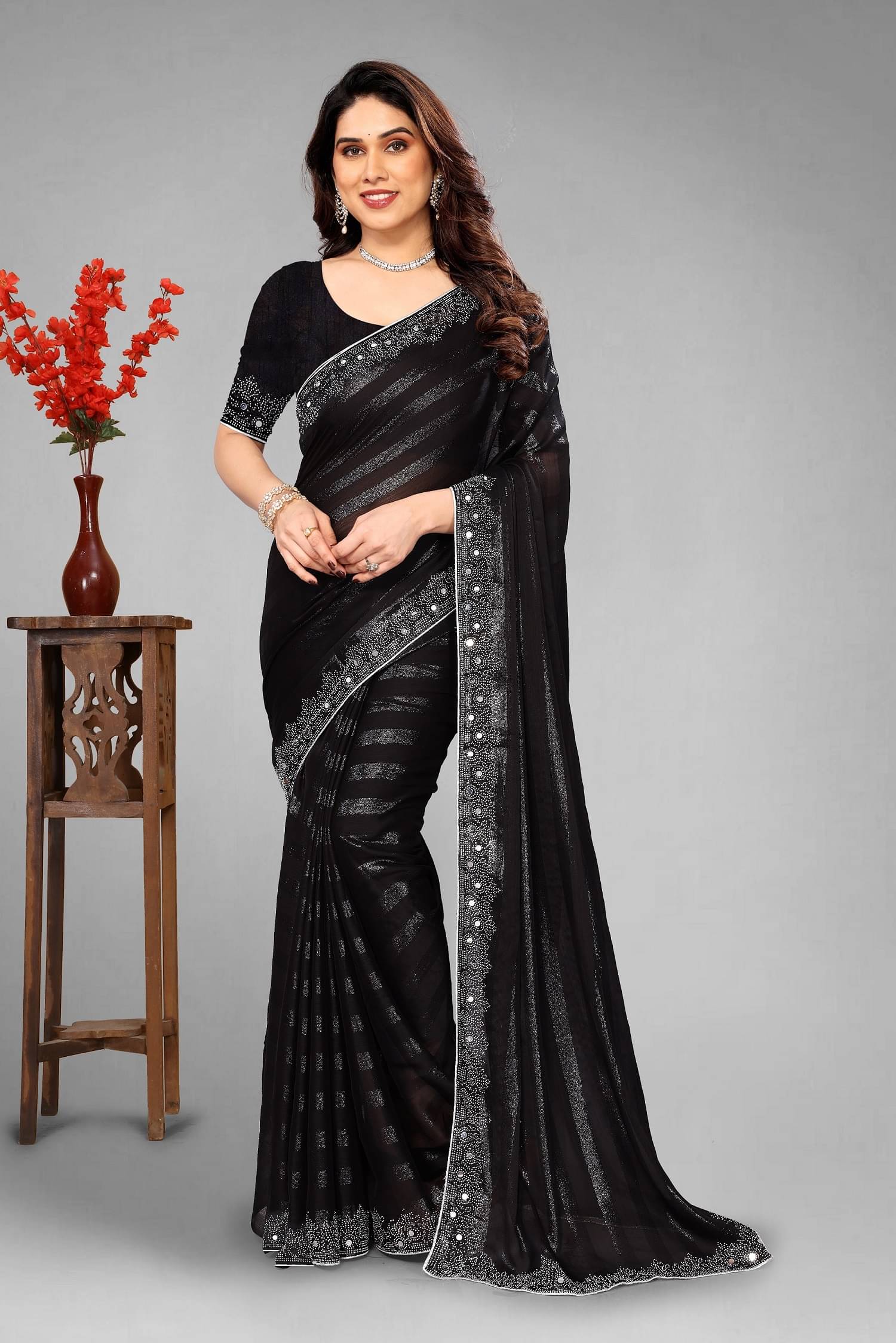VEERAIVA Chiffon Embellished Saree With Unstitched Blouse Piece ( Black ) VEERAIVA Chiffon Embellished Saree With Unstitched Blouse Piece ( Black )