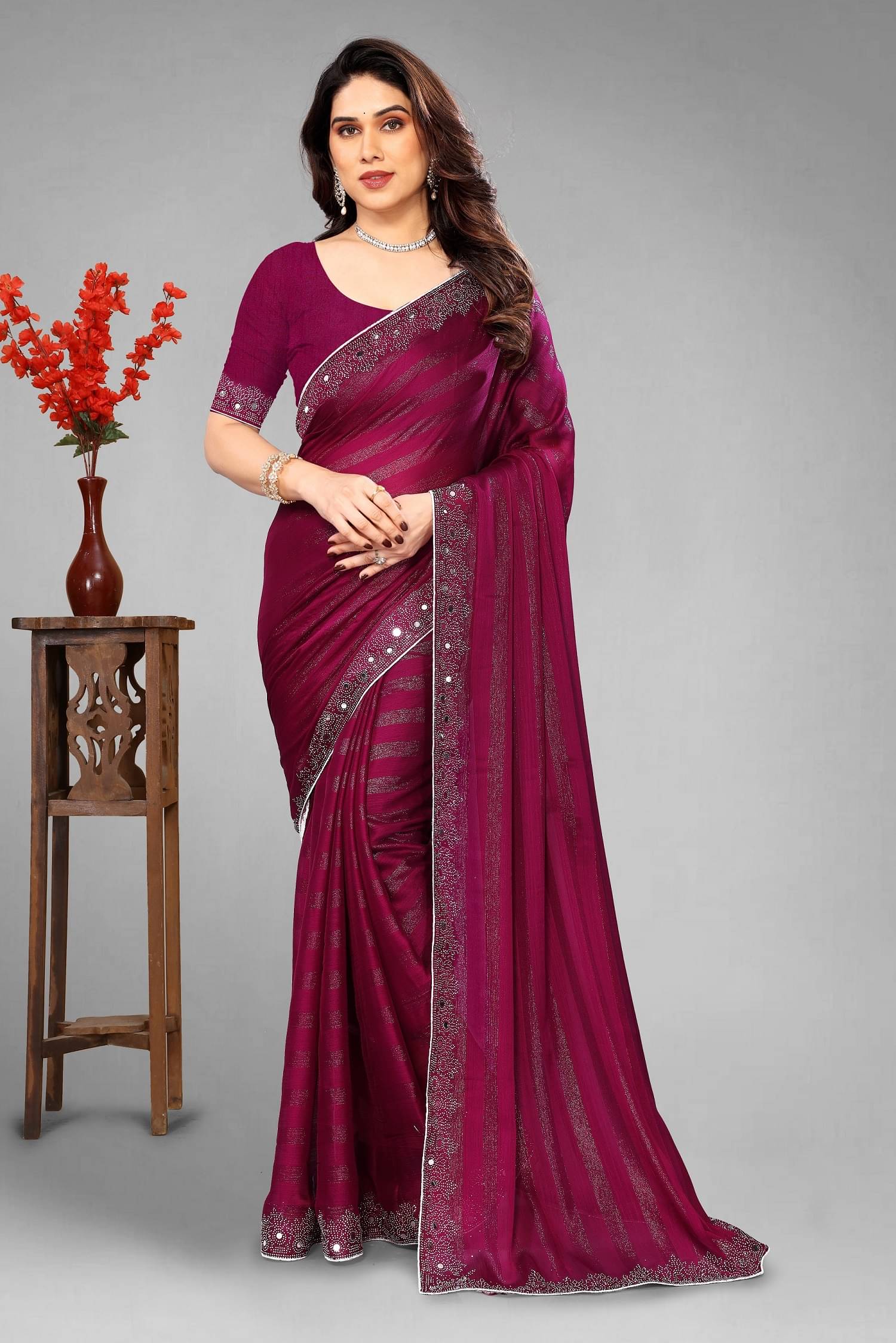 VEERAIVA Chiffon Embellished Saree With Unstitched Blouse Piece ( Wine ) VEERAIVA Chiffon Embellished Saree With Unstitched Blouse Piece ( Wine )