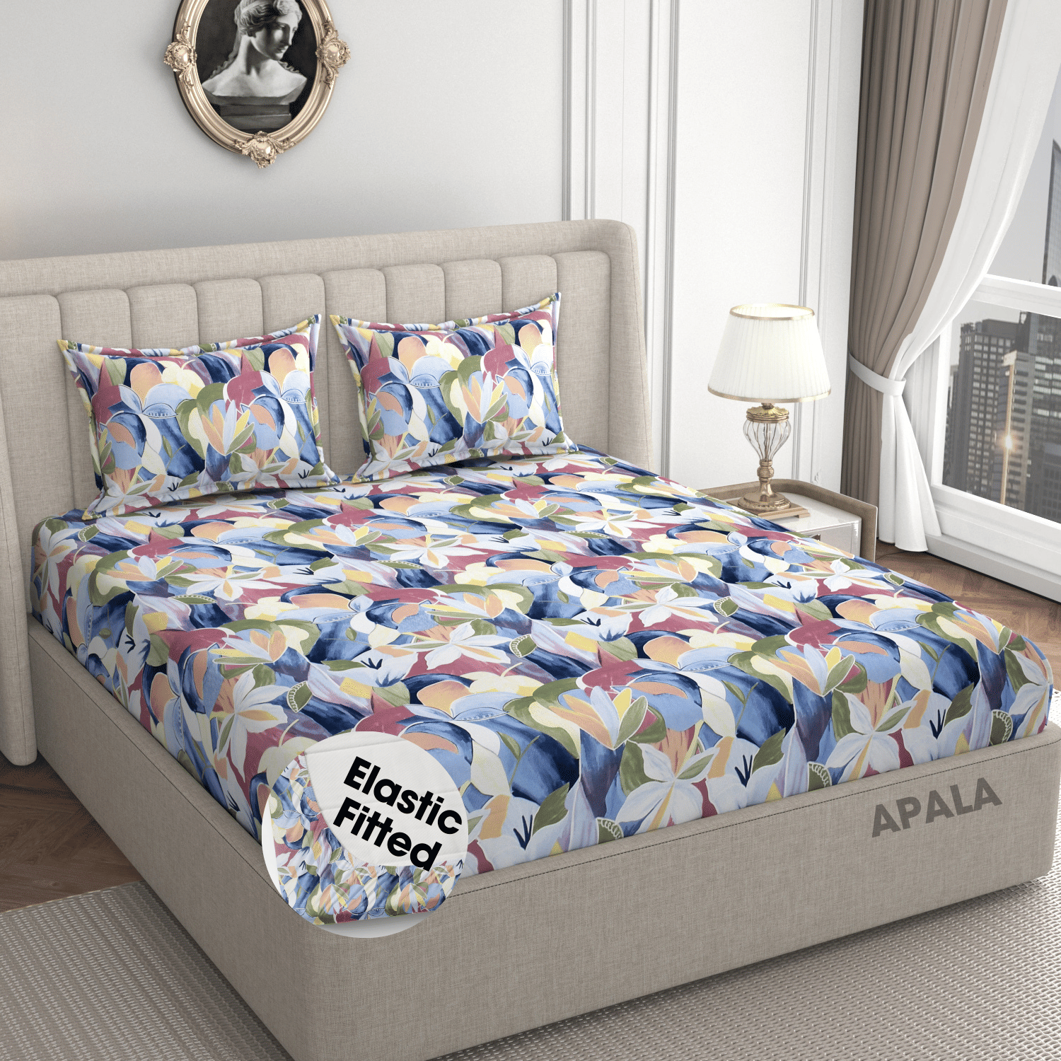Apala Microfibre Floral Fitted Fitted bedsheet with 2 Pillow Covers ( King Size ) - Multi