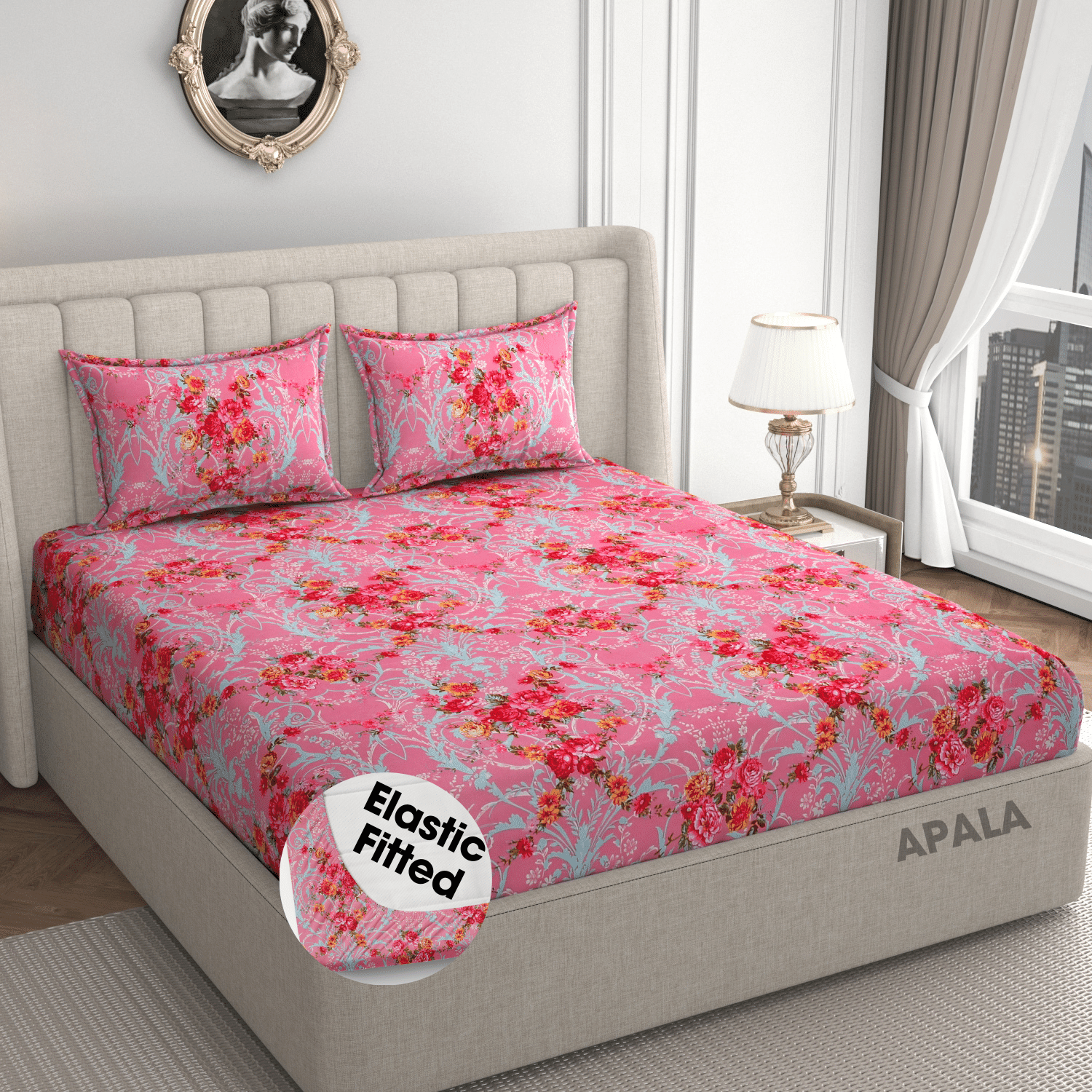     			Apala Microfibre Floral Fitted Fitted bedsheet with 2 Pillow Covers ( King Size ) - Pink