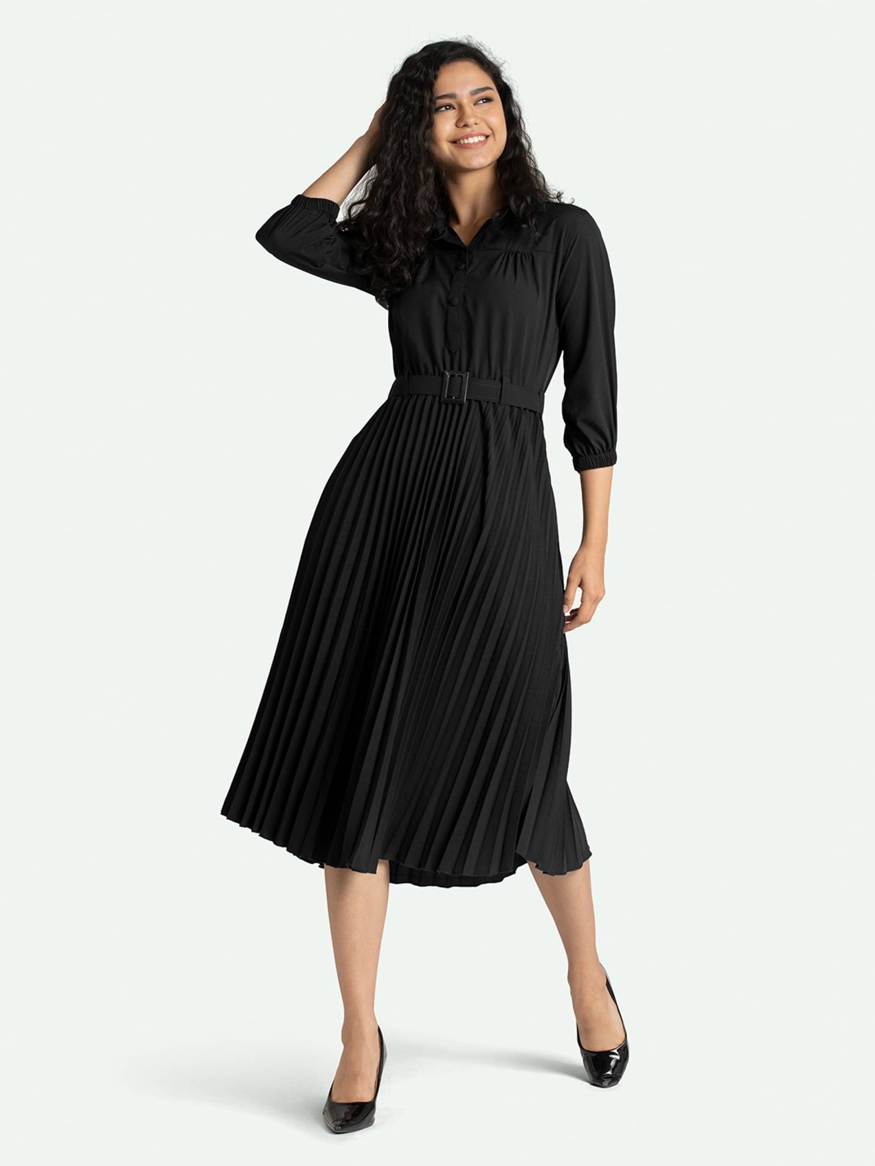 Femvy Women Polyester Solid Fit & Flare Dress ( Black ) Femvy Women Polyester Solid Fit & Flare Dress ( Black )