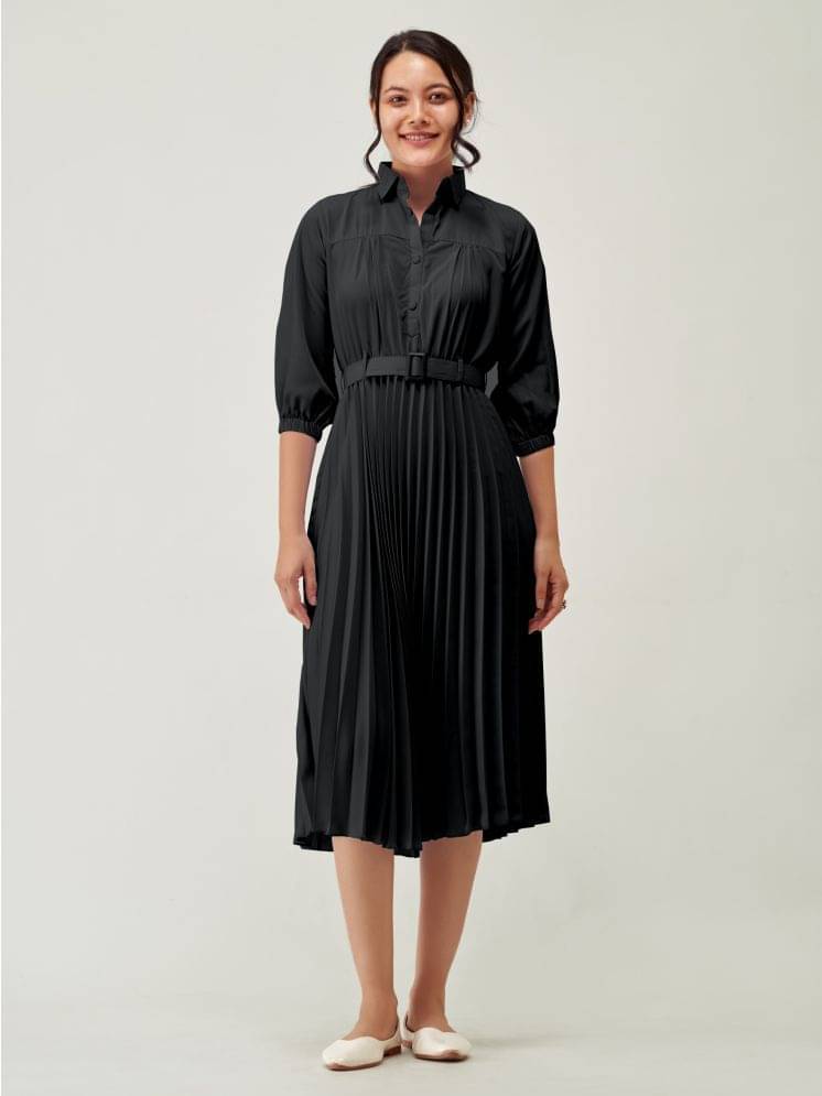 Femvy Women Polyester Solid Fit & Flare Dress ( Black ) Femvy Women Polyester Solid Fit & Flare Dress ( Black )