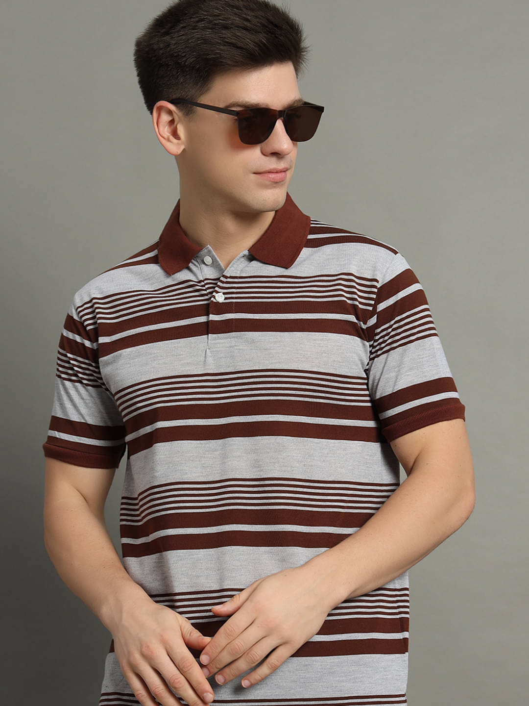 GET GOLF Pack of 1 Cotton Blend Regular Fit Striped Half Sleeves Men's Polo T Shirt ( Brown )     			GET GOLF Pack of 1 Cotton Blend Regular Fit Striped Half Sleeves Men's Polo T Shirt ( Brown )