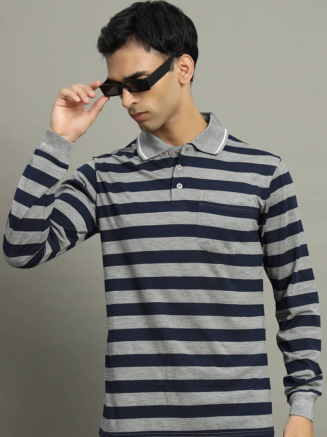GET GOLF Pack of 1 Cotton Blend Regular Fit Striped Full Sleeves Men's Polo T Shirt ( Navy Blue )