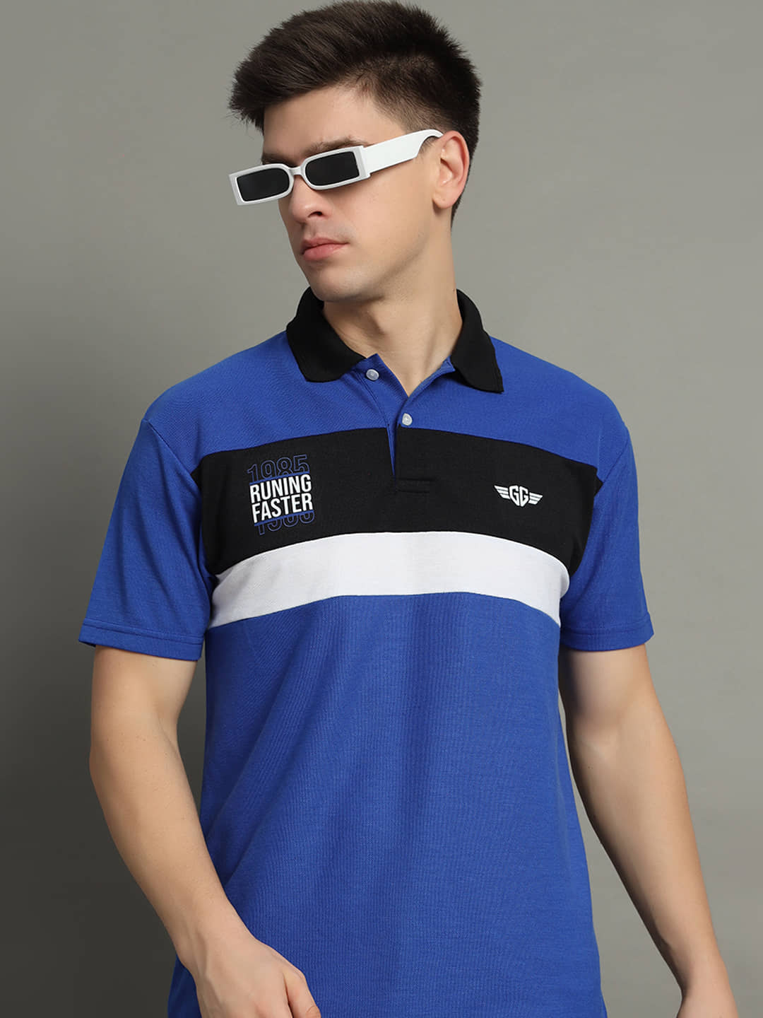 GET GOLF Pack of 1 Cotton Blend Regular Fit Colorblock Half Sleeves Men's Polo T Shirt ( Blue )