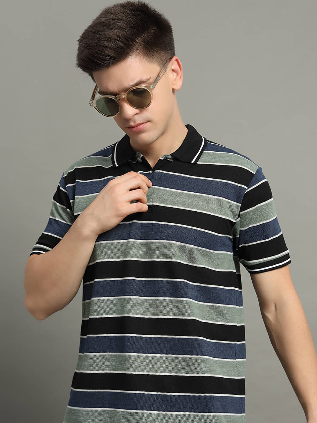 GET GOLF Pack of 1 Cotton Blend Regular Fit Striped Half Sleeves Men's Polo T Shirt ( Black )