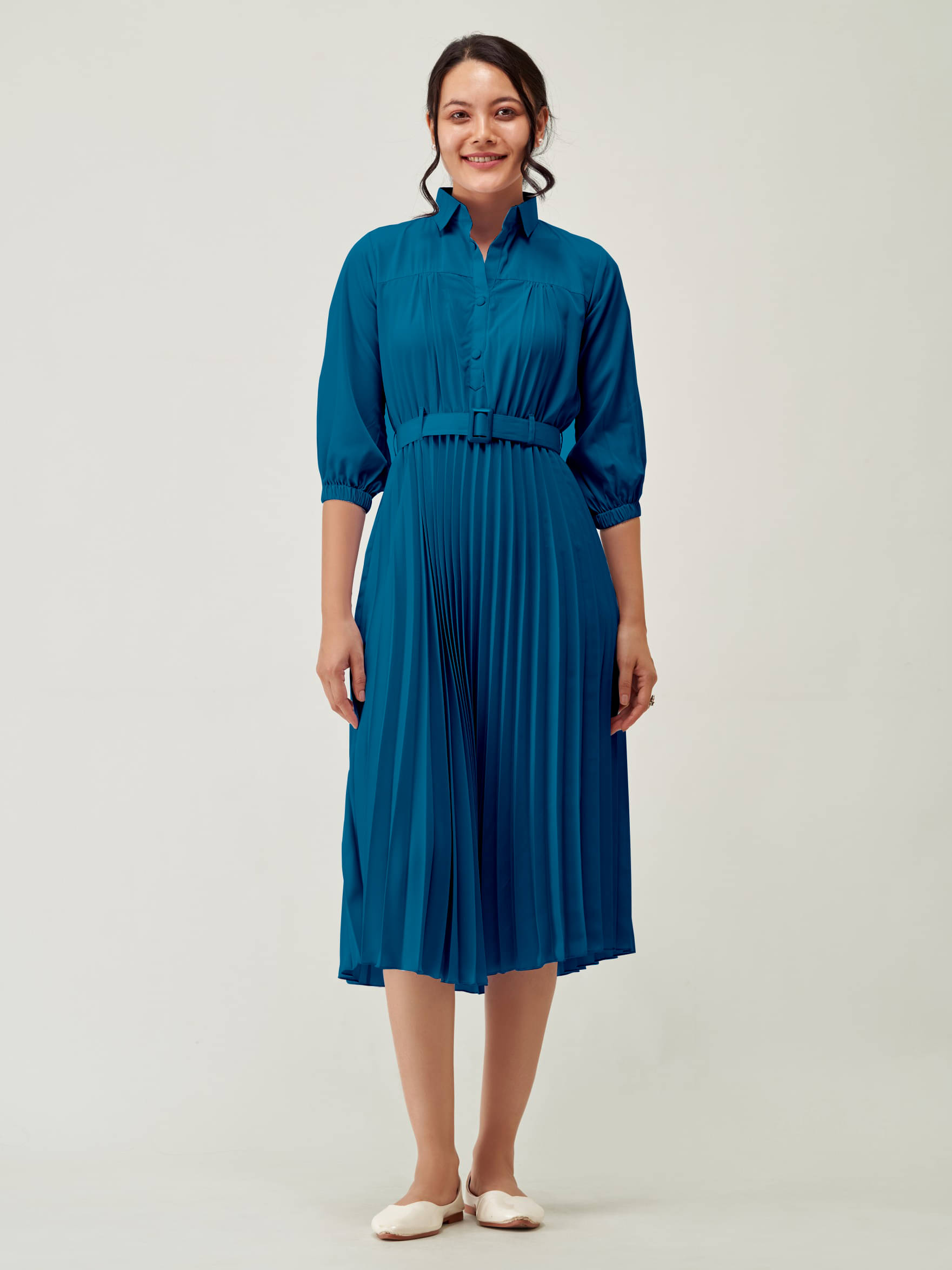 JASH CREATION Women Polyester Solid Fit & Flare Dress ( Blue ) JASH CREATION Women Polyester Solid Fit & Flare Dress ( Blue )