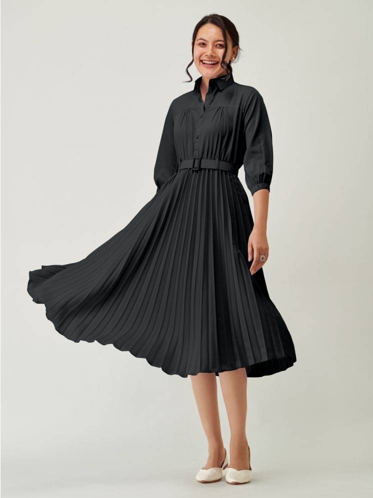 JASH CREATION Polyester Solid Midi Women's Fit & Flare Dress - Black ( Pack of 1 ) JASH CREATION Polyester Solid Midi Women's Fit & Flare Dress - Black ( Pack of 1 )