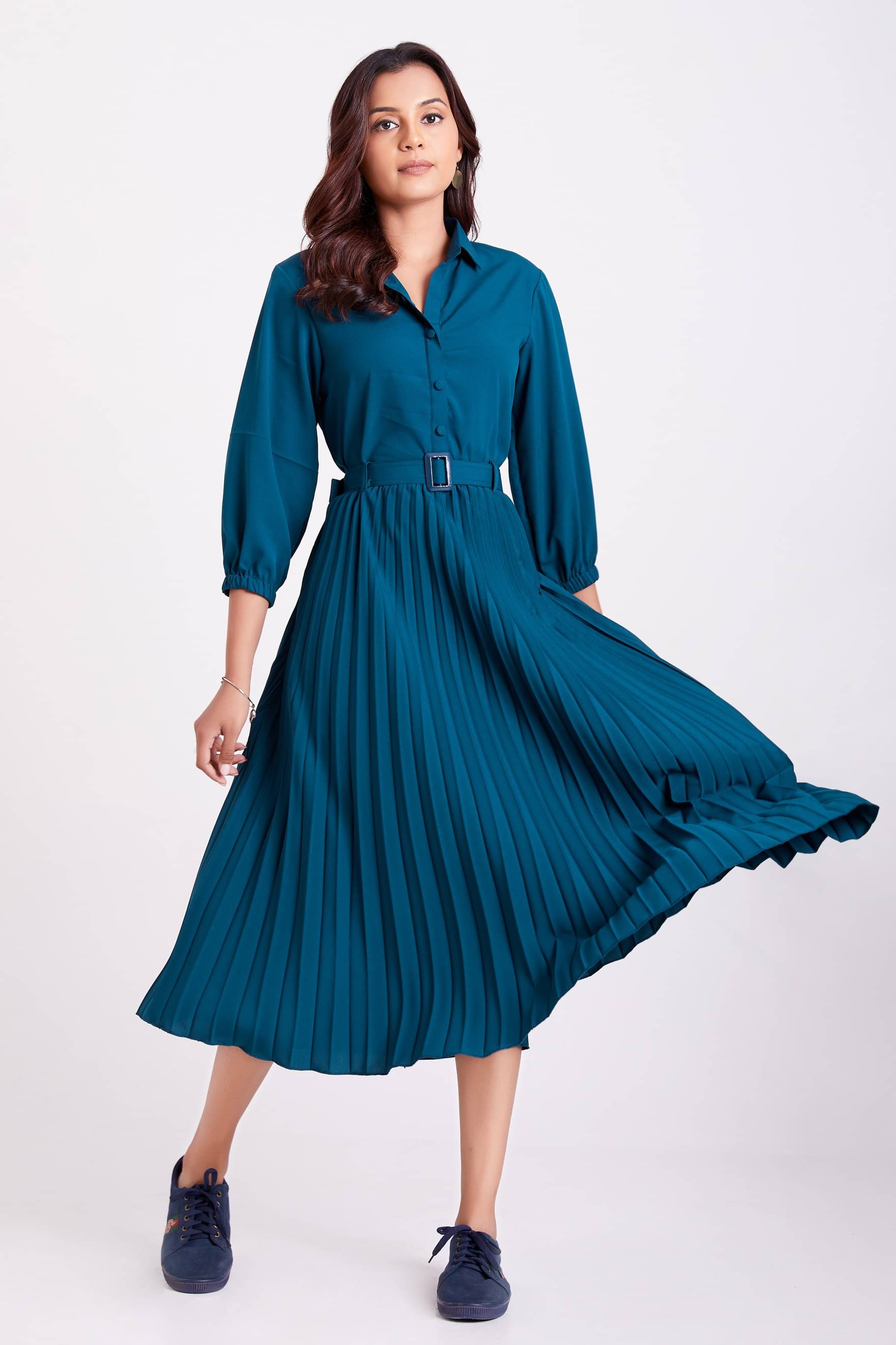     			JASH CREATION Polyester Solid Midi Women's Fit & Flare Dress - Blue ( Pack of 1 )