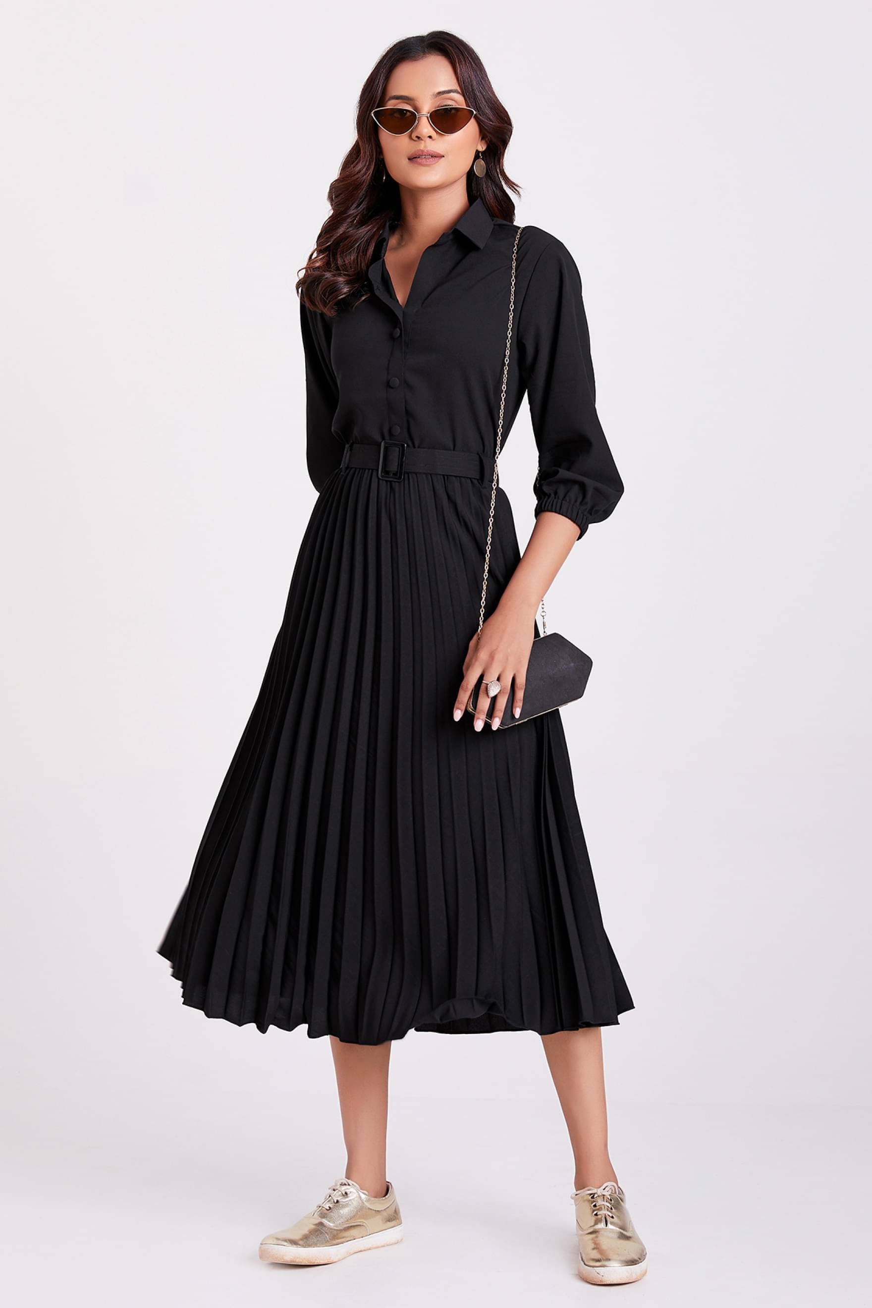 JASH CREATION Polyester Solid Midi Women's Fit & Flare Dress - Black ( Pack of 1 ) JASH CREATION Polyester Solid Midi Women's Fit & Flare Dress - Black ( Pack of 1 )