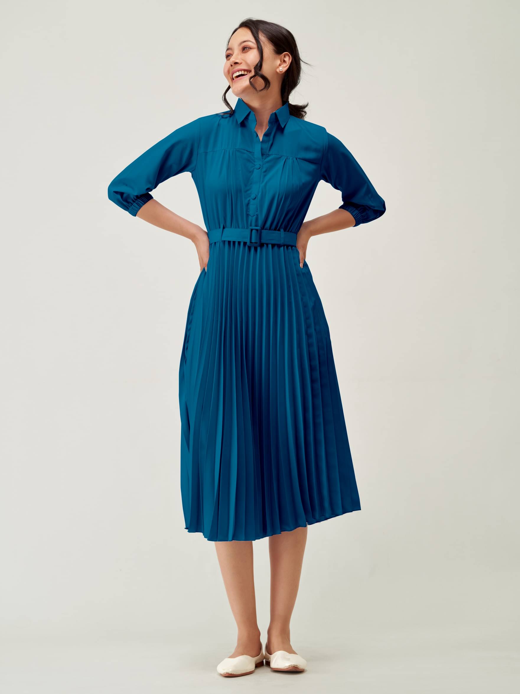 JASH CREATION Polyester Solid Midi Women's Fit & Flare Dress - Blue ( Pack of 1 ) JASH CREATION Polyester Solid Midi Women's Fit & Flare Dress - Blue ( Pack of 1 )