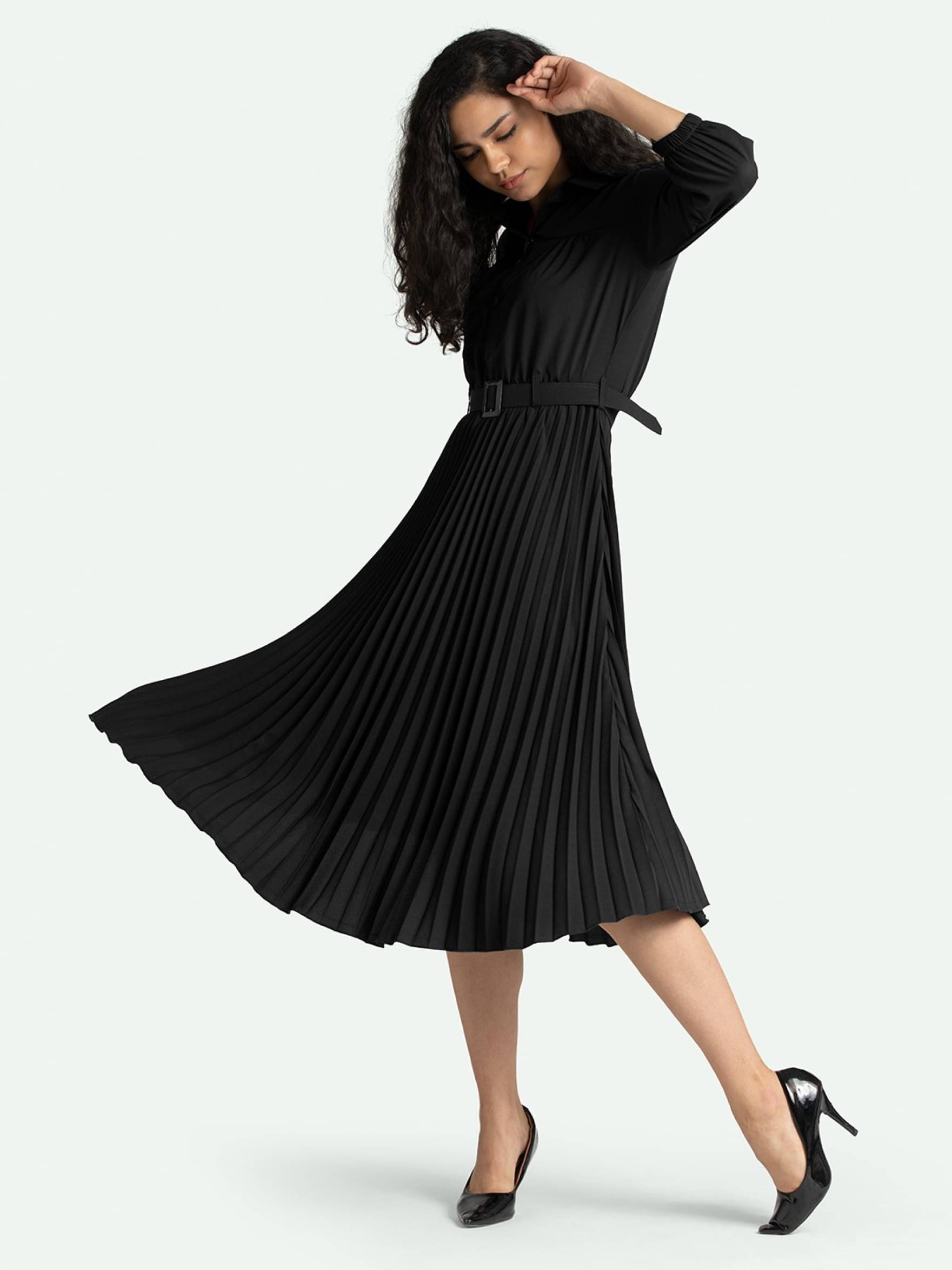 JASH CREATION Women Polyester Solid Fit & Flare Dress ( Black ) JASH CREATION Women Polyester Solid Fit & Flare Dress ( Black )