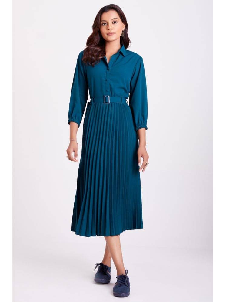 JASH CREATION Polyester Solid Midi Women's Fit & Flare Dress - Blue ( Pack of 1 ) JASH CREATION Polyester Solid Midi Women's Fit & Flare Dress - Blue ( Pack of 1 )
