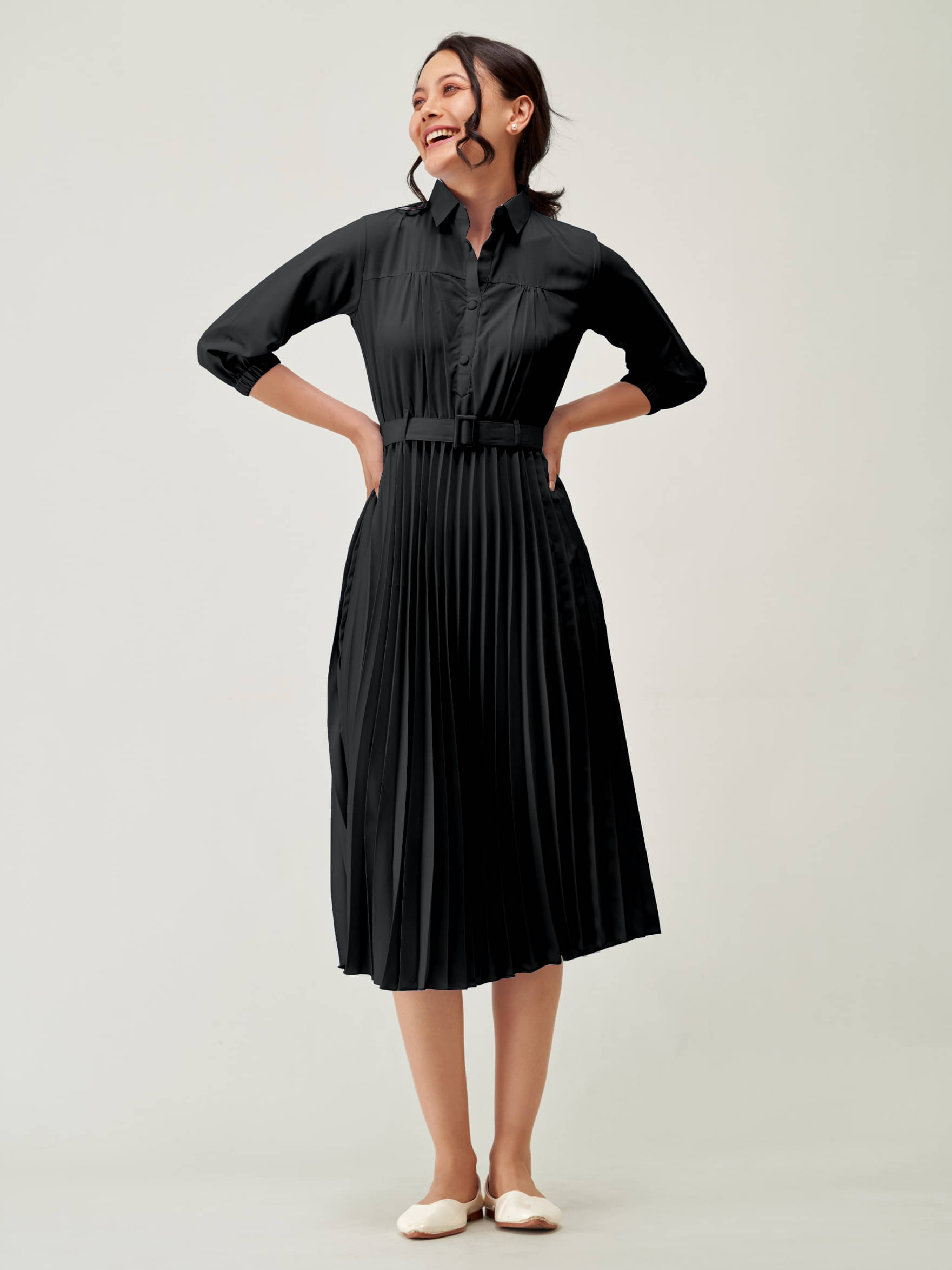 JASH CREATION Women Polyester Solid Fit & Flare Dress ( Black )     			JASH CREATION Women Polyester Solid Fit & Flare Dress ( Black )