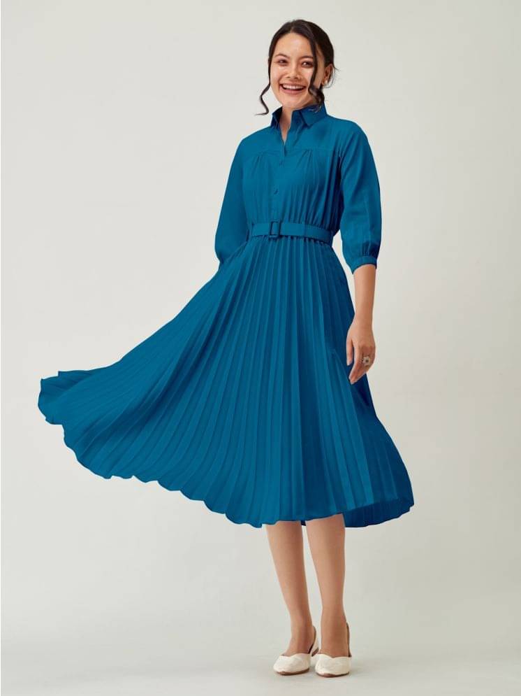     			Krunal Raiyani Women Polyester Solid Fit & Flare Dress ( Blue )