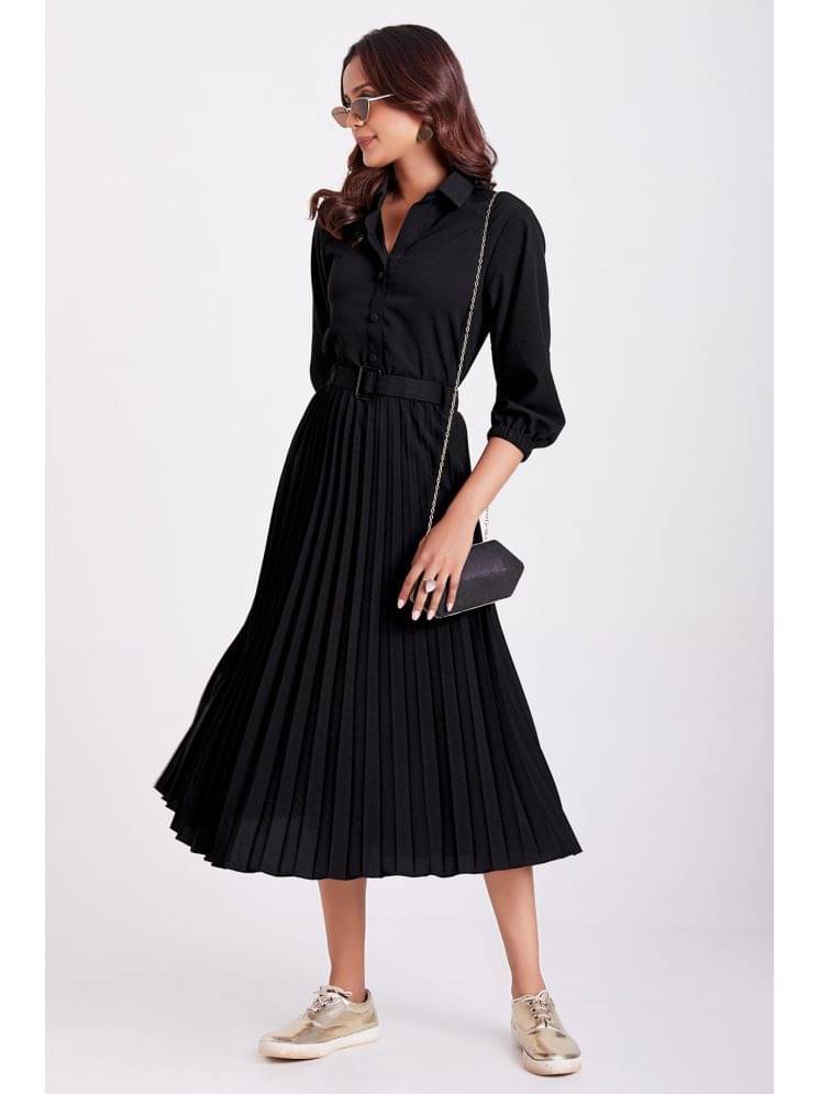 Krunal Raiyani Women Polyester Solid Fit & Flare Dress ( Black ) Krunal Raiyani Women Polyester Solid Fit & Flare Dress ( Black )