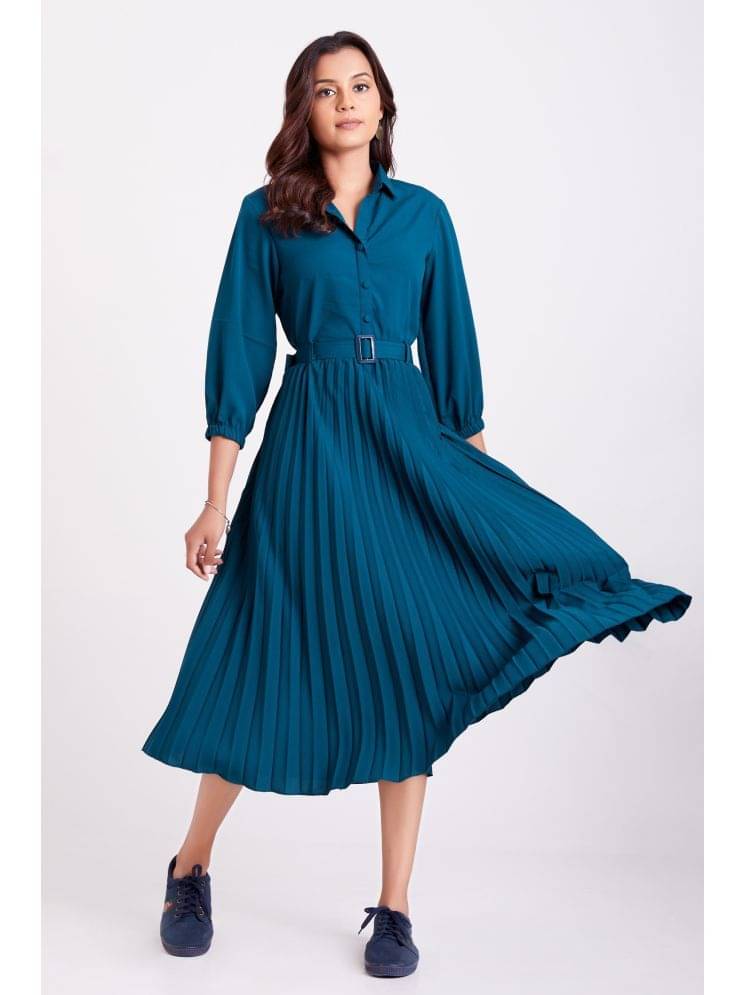 Krunal Raiyani Women Polyester Solid Fit & Flare Dress ( Blue ) Krunal Raiyani Women Polyester Solid Fit & Flare Dress ( Blue )