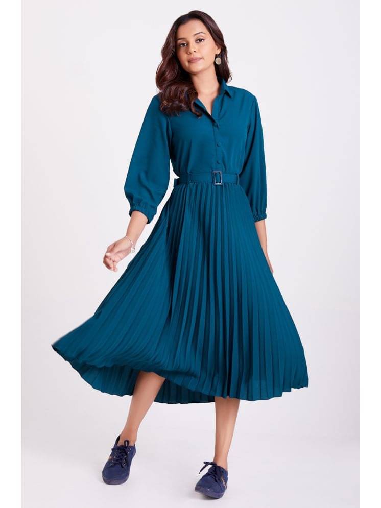 Krunal Raiyani Women Polyester Solid Fit & Flare Dress ( Blue )     			Krunal Raiyani Women Polyester Solid Fit & Flare Dress ( Blue )