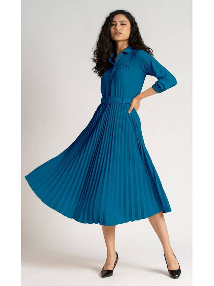     			Krunal Raiyani Women Polyester Solid Fit & Flare Dress ( Blue )