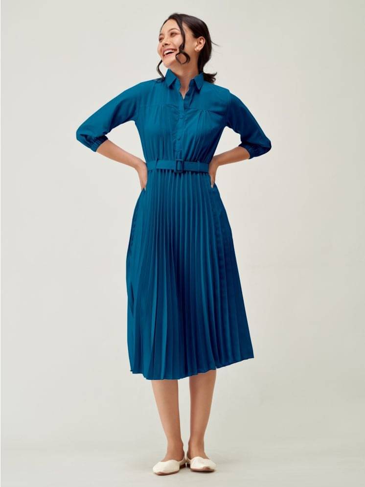 Krunal Raiyani Women Polyester Solid Fit & Flare Dress ( Blue ) Krunal Raiyani Women Polyester Solid Fit & Flare Dress ( Blue )